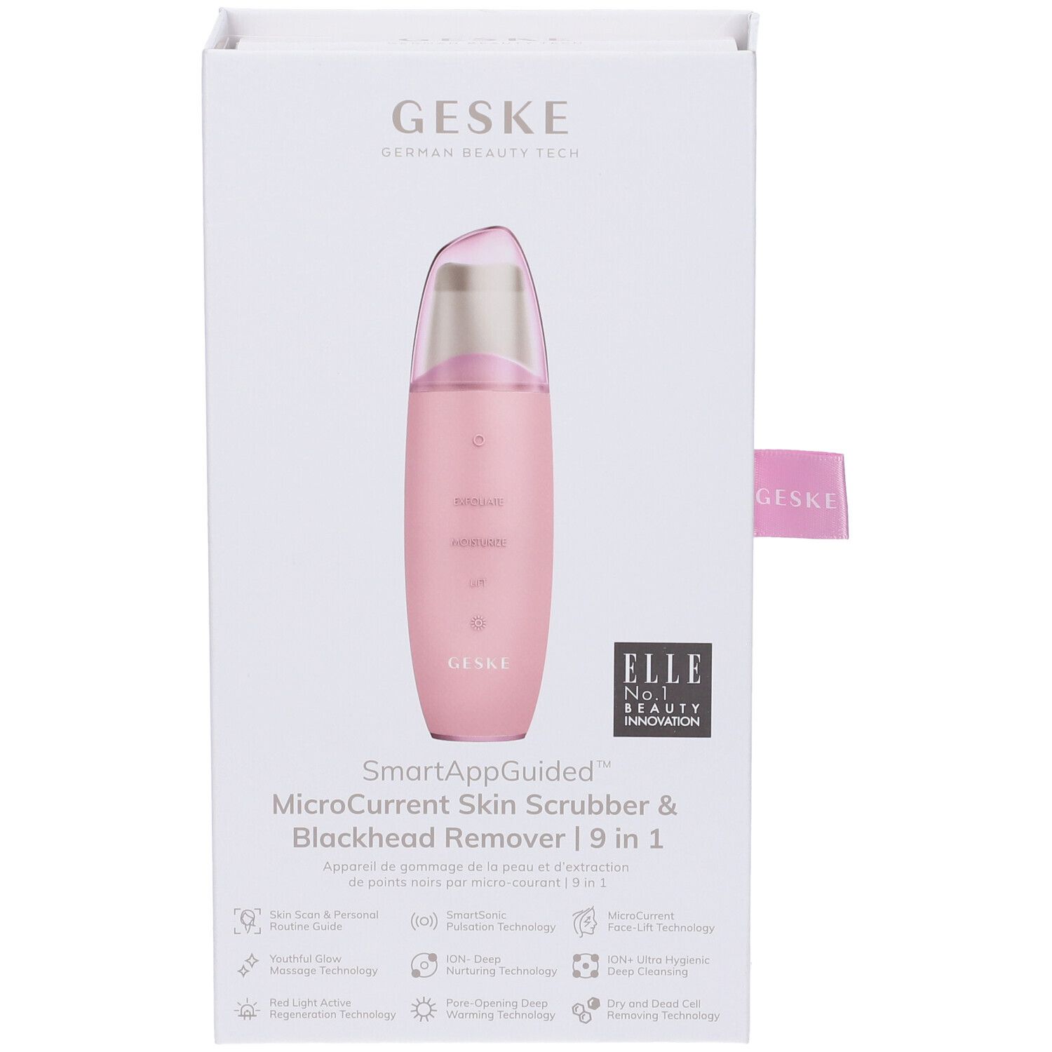 GESKE MicroCurrent Skin Scrubber & Blackhead Remover rosa nella confezione. Nome e logo visibili. Premio ELLE.