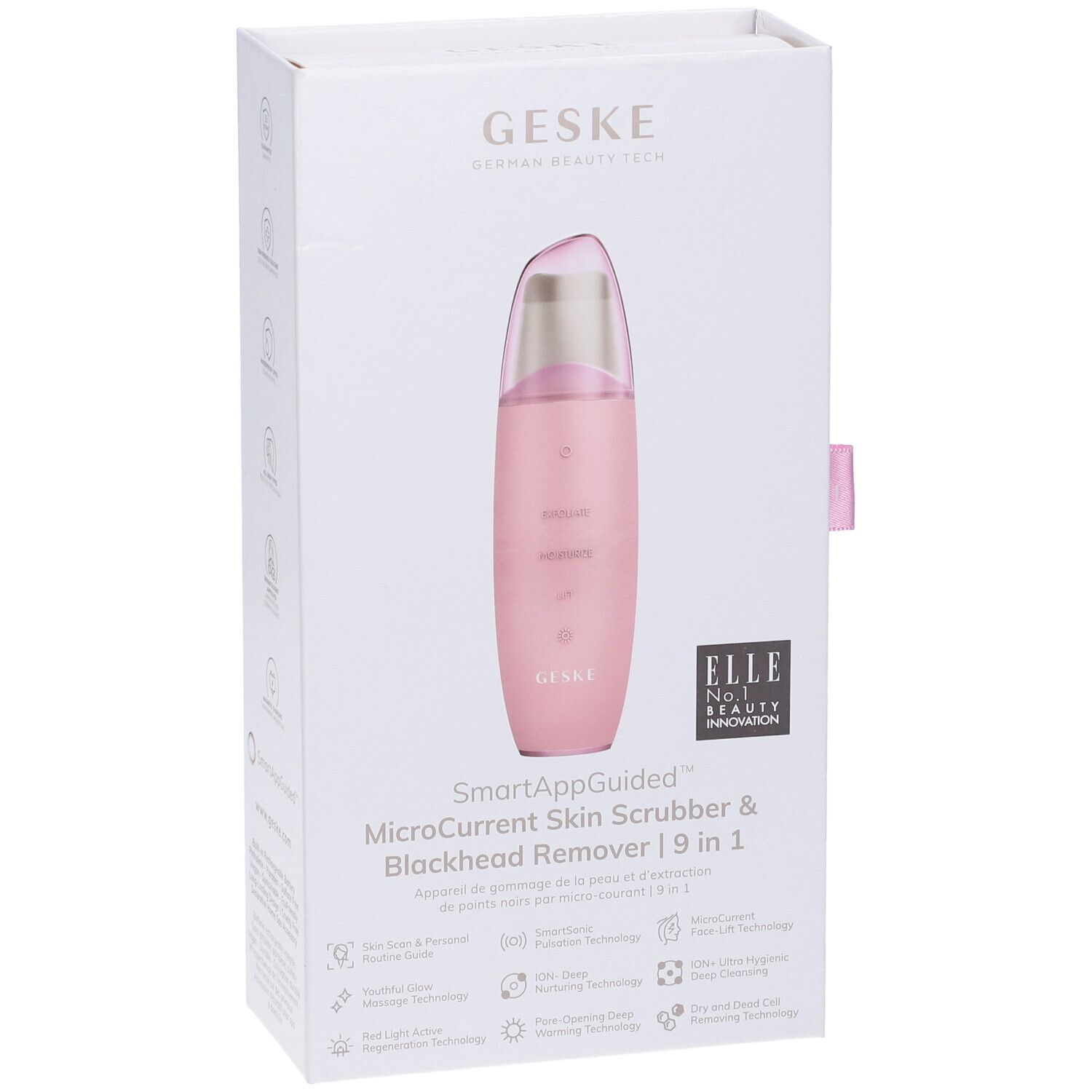 GESKE MicroCurrent Skin Scrubber & Blackhead Remover rosa nella confezione. Nome e logo visibili. Premio ELLE.