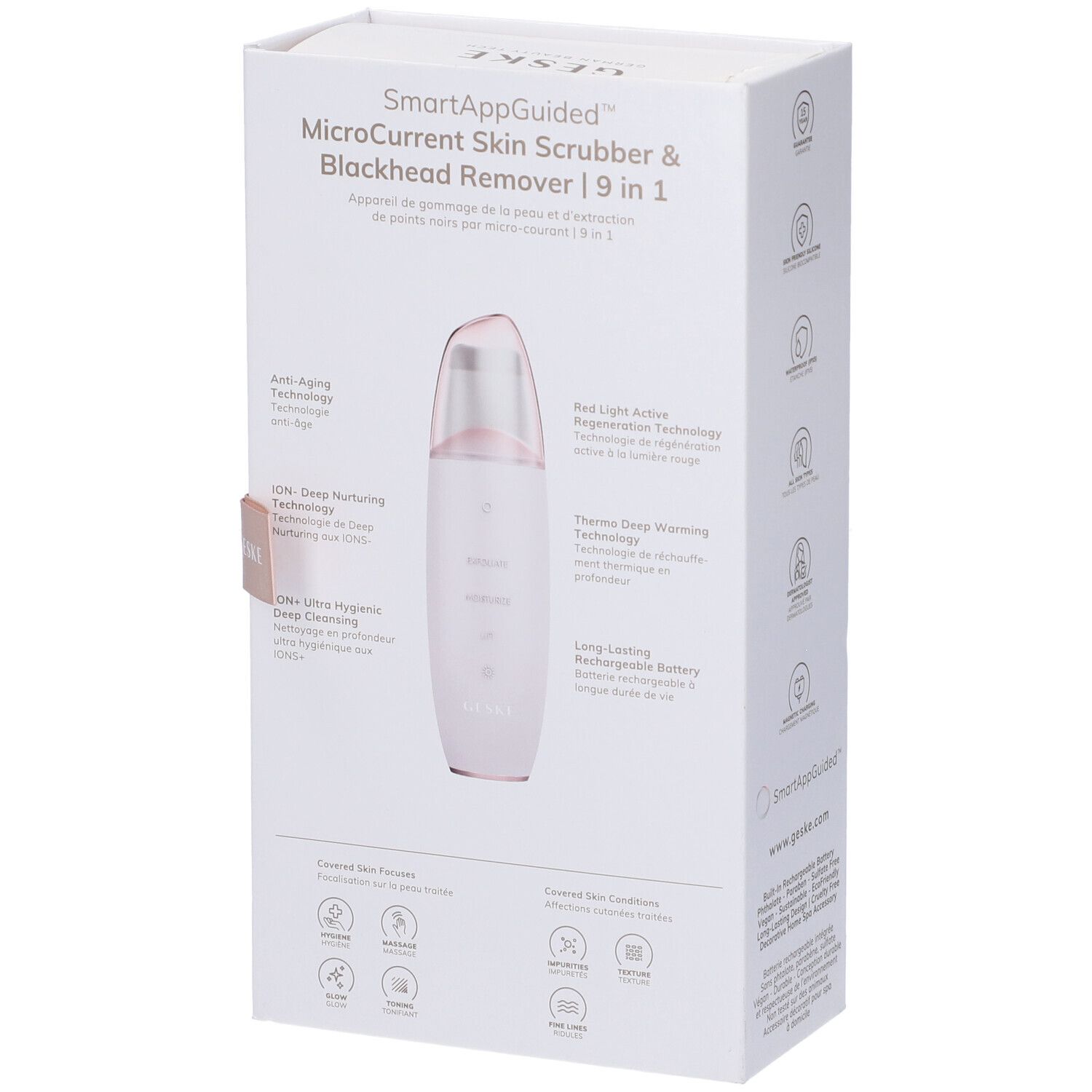 Confezione bianca, retro. Testo: GESKE, SmartAppGuided MicroCurrent Skin Scrubber & Blackhead Remover | 9 in 1. Icone e caratteristiche.