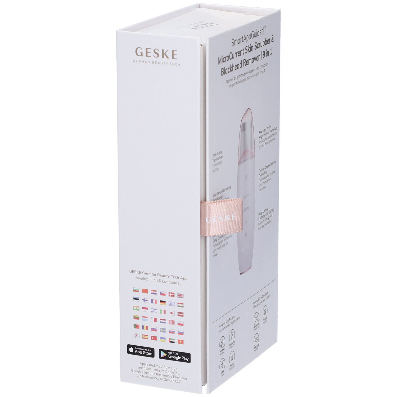 Confezione bianca, vista laterale. Testo: GESKE, SmartAppGuided MicroCurrent Skin Scrubber & Blackhead Remover | 9 in 1. Informazioni sull'app.