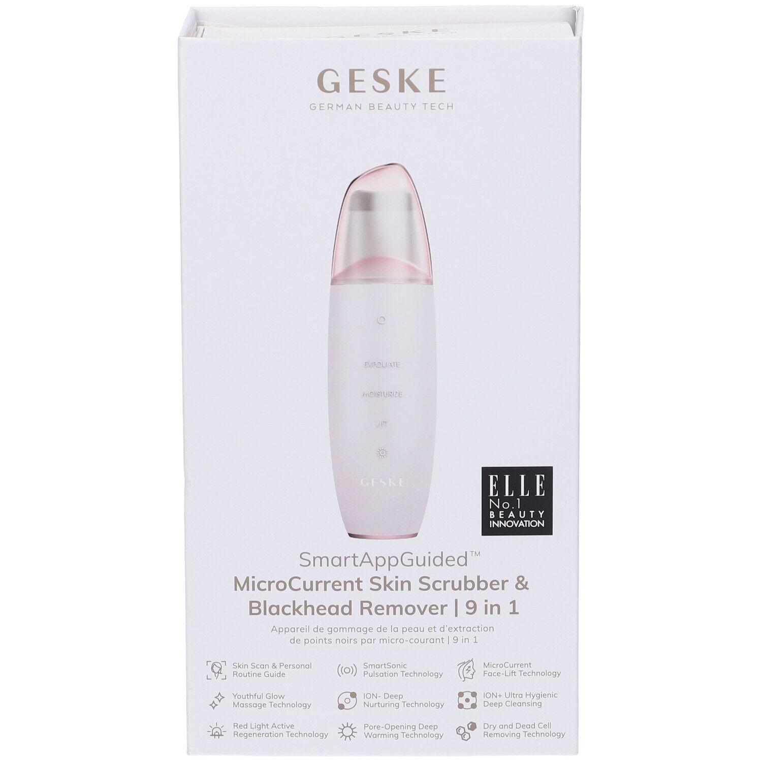 Confezione bianca con dispositivo. Testo: GESKE, SmartAppGuided MicroCurrent Skin Scrubber & Blackhead Remover | 9 in 1. Logo ELLE.