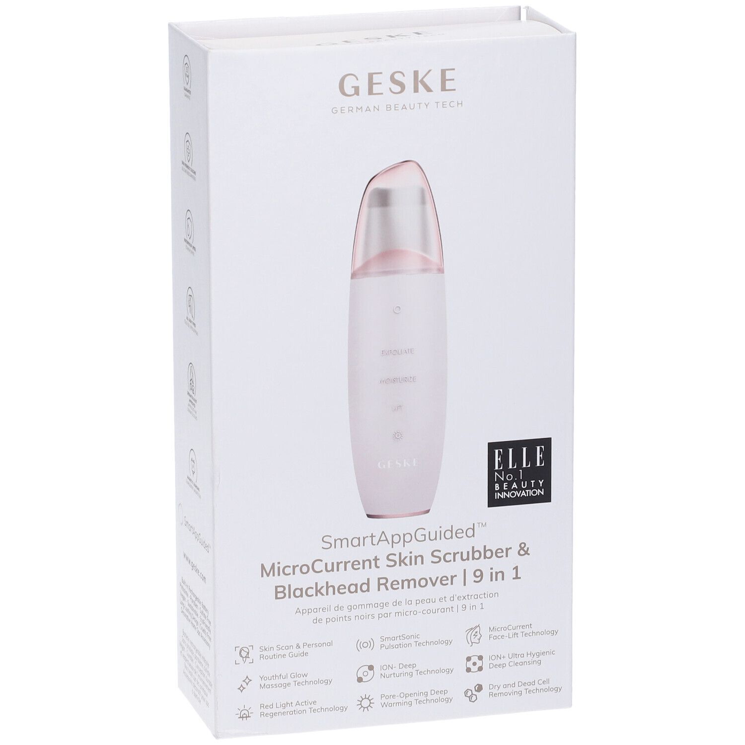 Confezione bianca con dispositivo. Testo: GESKE, SmartAppGuided MicroCurrent Skin Scrubber & Blackhead Remover | 9 in 1. Logo ELLE.