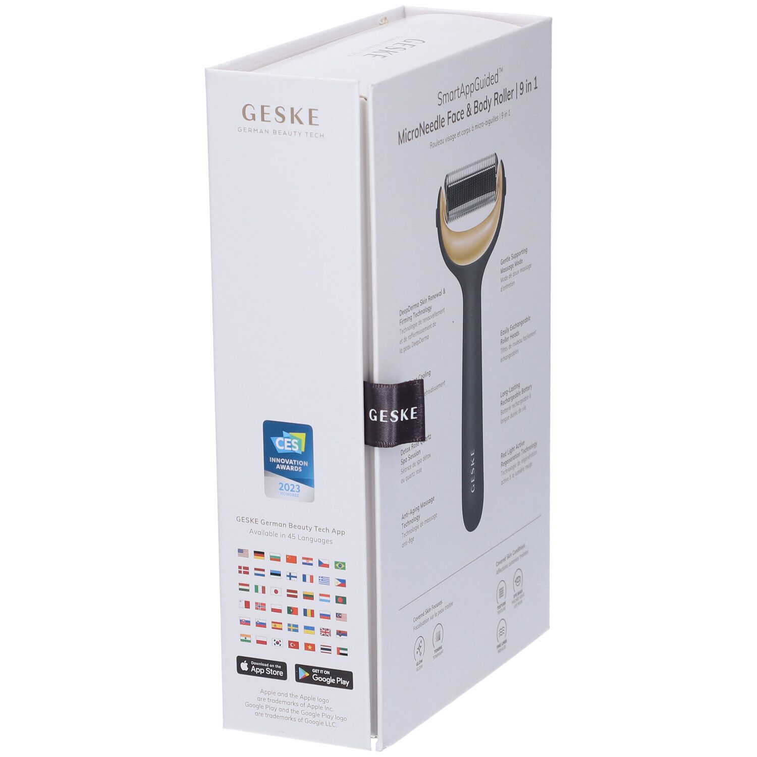 Vista laterale della confezione GESKE Microneedle Face & Body Roller. Contiene logo e testo.