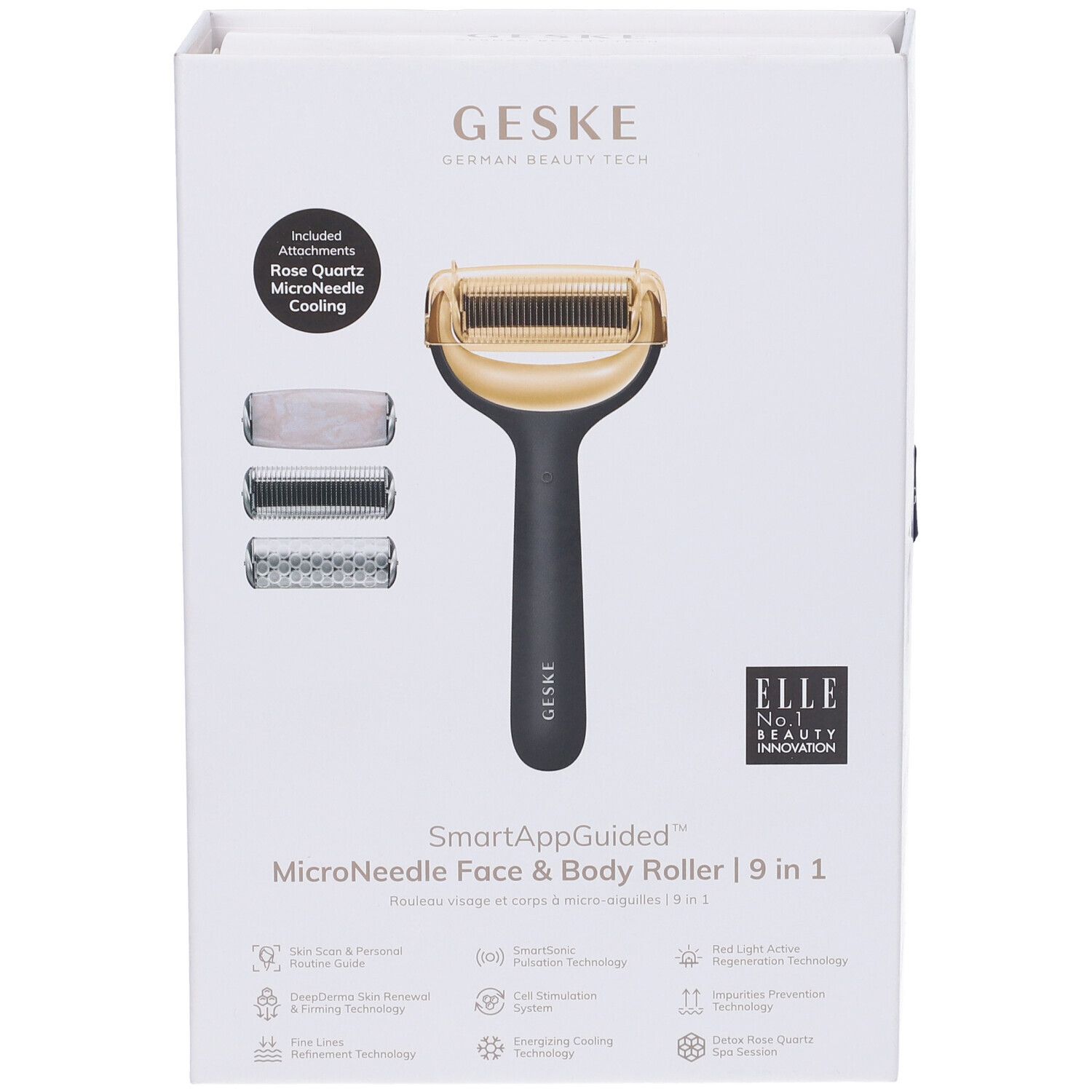 Confezione GESKE Microneedle Face & Body Roller. Include rullo, accessori e testo. Logo ELLE.