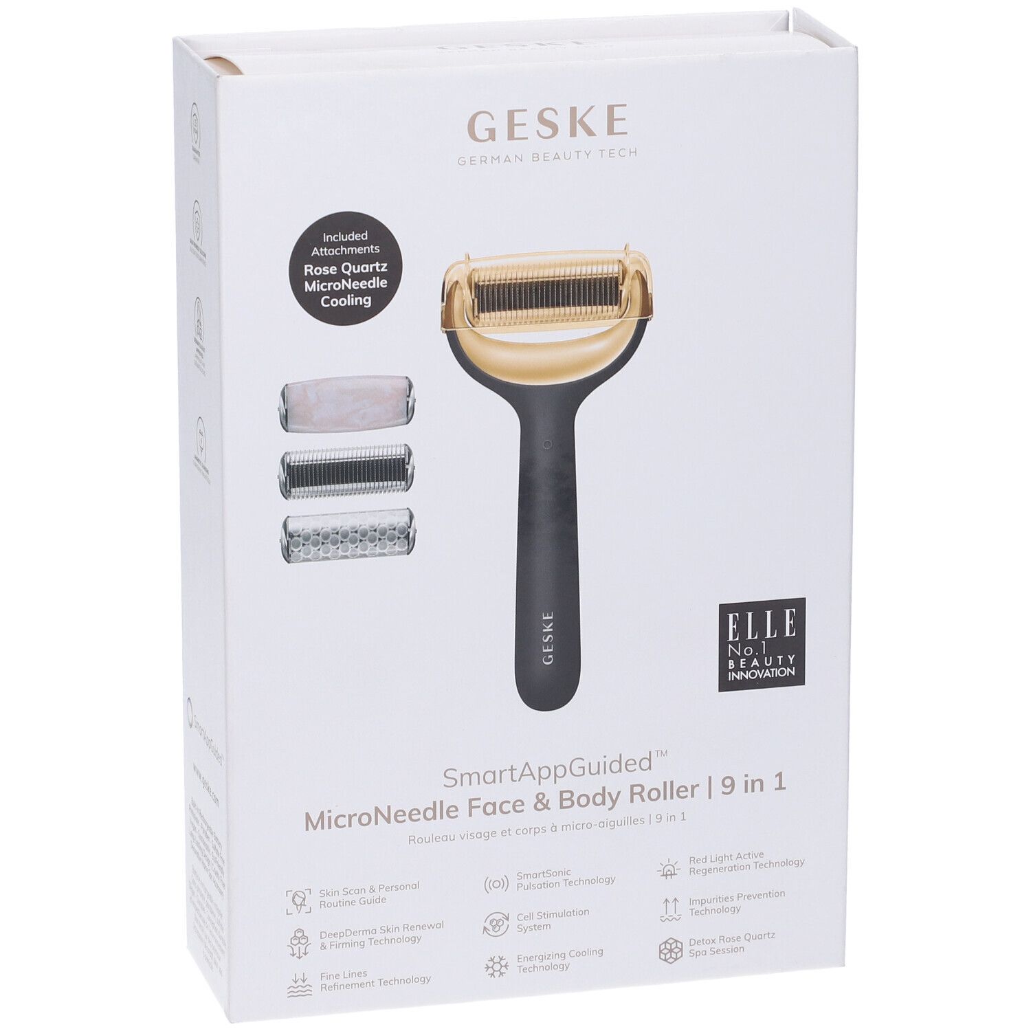 Confezione GESKE Microneedle Face & Body Roller. Include rullo, accessori e testo. Logo ELLE.