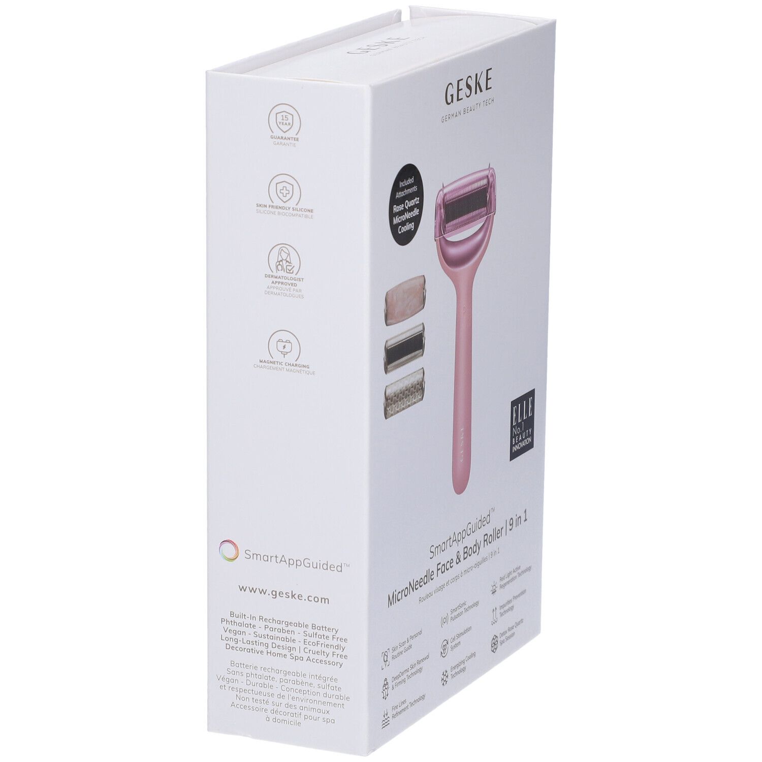 Confezione GESKE Microneedle Face & Body Roller. Rullo rosa, accessori. Testo e loghi sul lato.