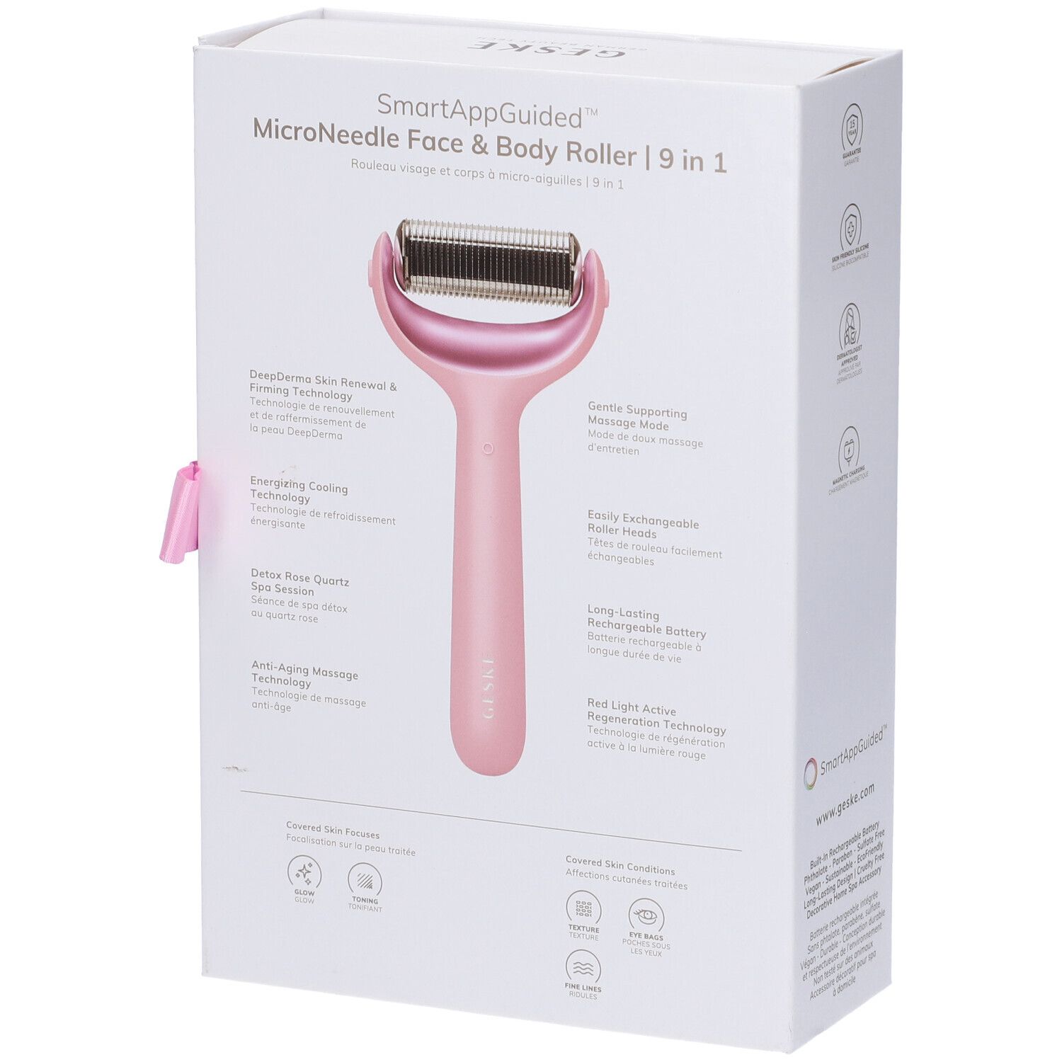 Confezione GESKE Microneedle Face & Body Roller. Rullo rosa, testo e loghi. Retro con caratteristiche.