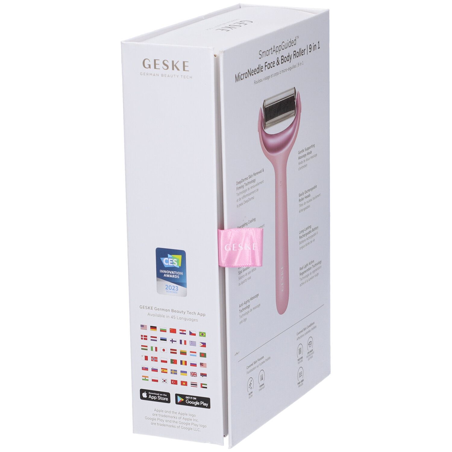 Confezione GESKE Microneedle Face & Body Roller. Rullo rosa, testo e loghi. CES Innovation Awards 2023.
