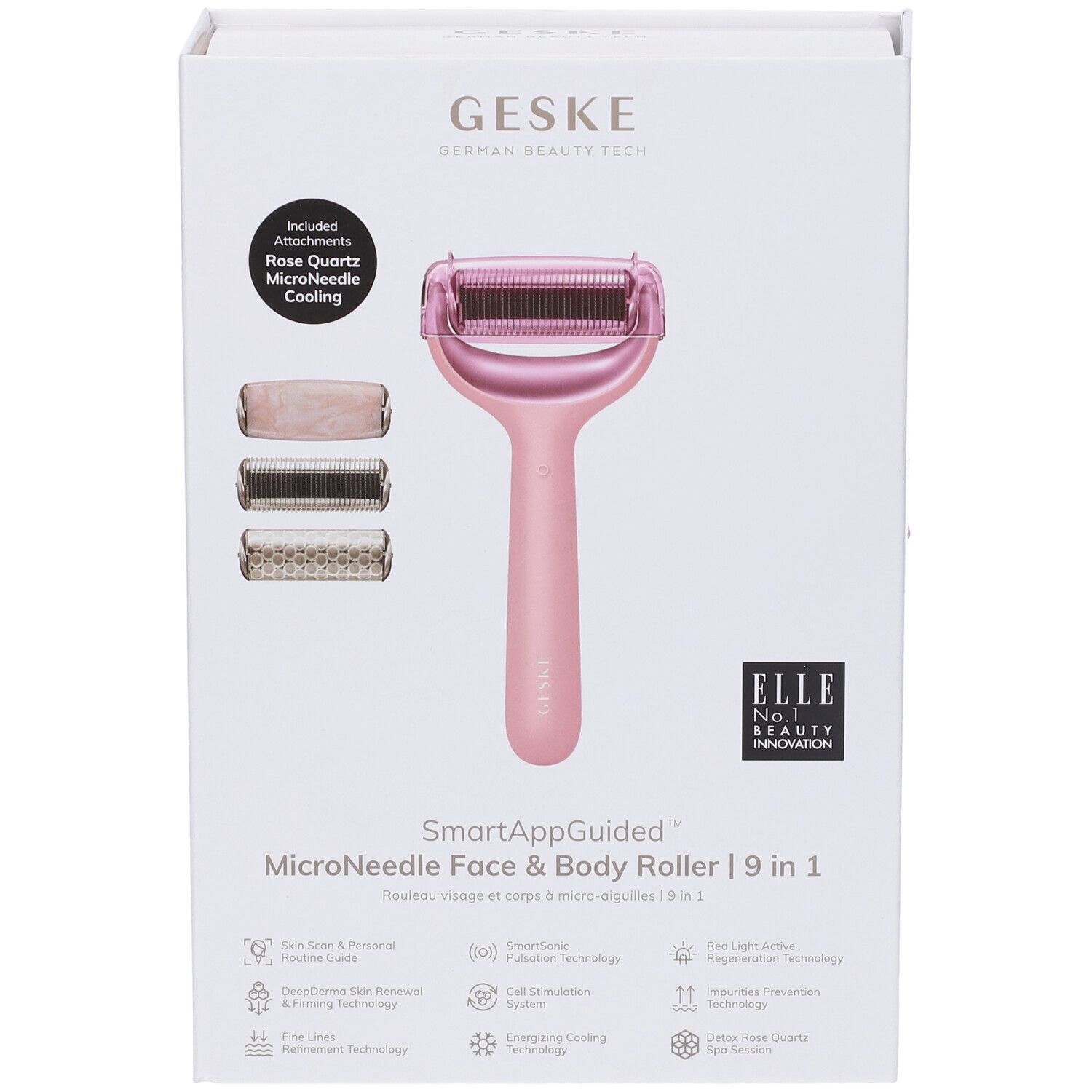 Confezione GESKE Microneedle Face & Body Roller. Rullo rosa, accessori. Testo e loghi. Logo ELLE.