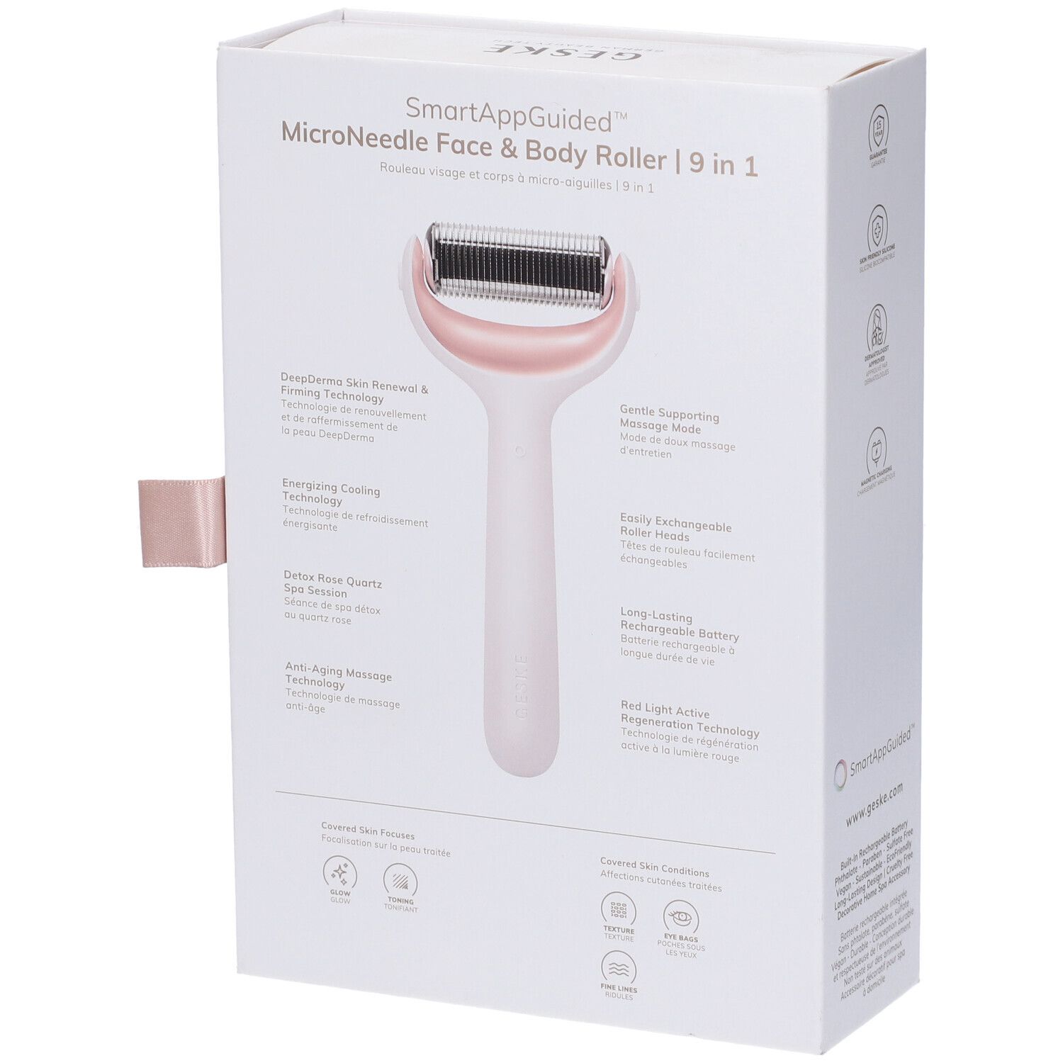 Confezione con immagine del rullo. Testo: GESKE, SmartAppGuided, Microneedle Face & Body Roller | 9 in 1. Pittogrammi e caratteristiche.