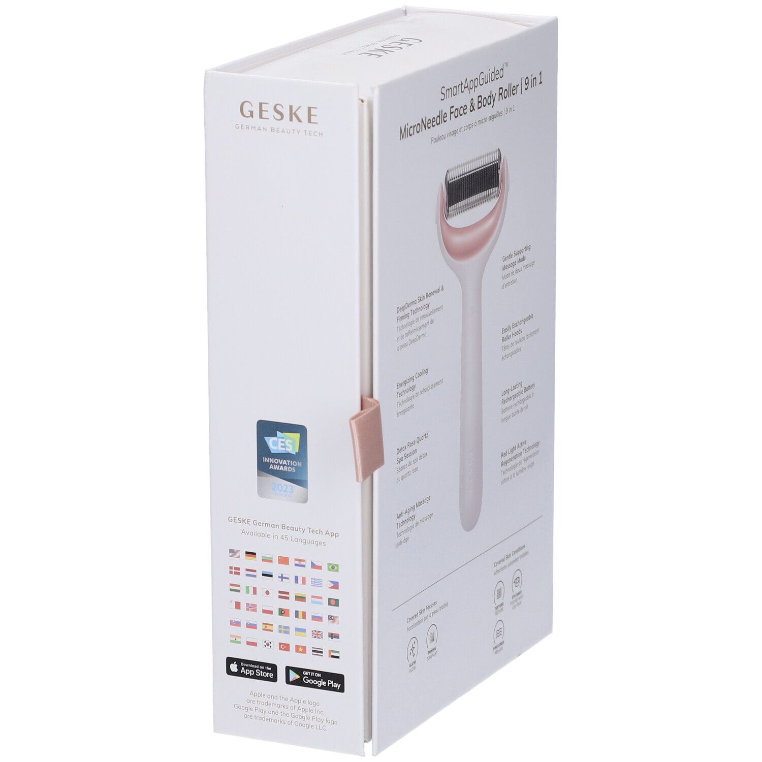 Confezione con immagine del rullo. Testo: GESKE, SmartAppGuided, Microneedle Face & Body Roller | 9 in 1. Logo dell'app e bandiere.