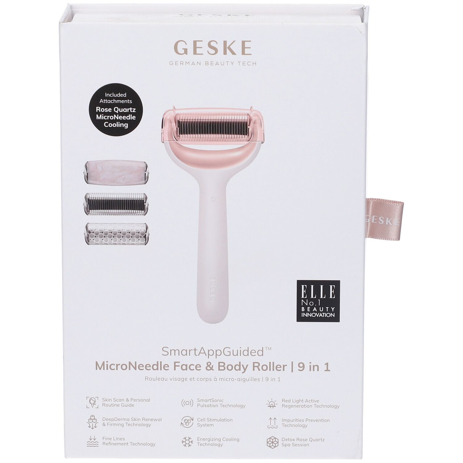 Confezione con rullo, accessori e testo: GESKE, SmartAppGuided, Microneedle Face & Body Roller | 9 in 1. ELLE No. 1 Innovation.