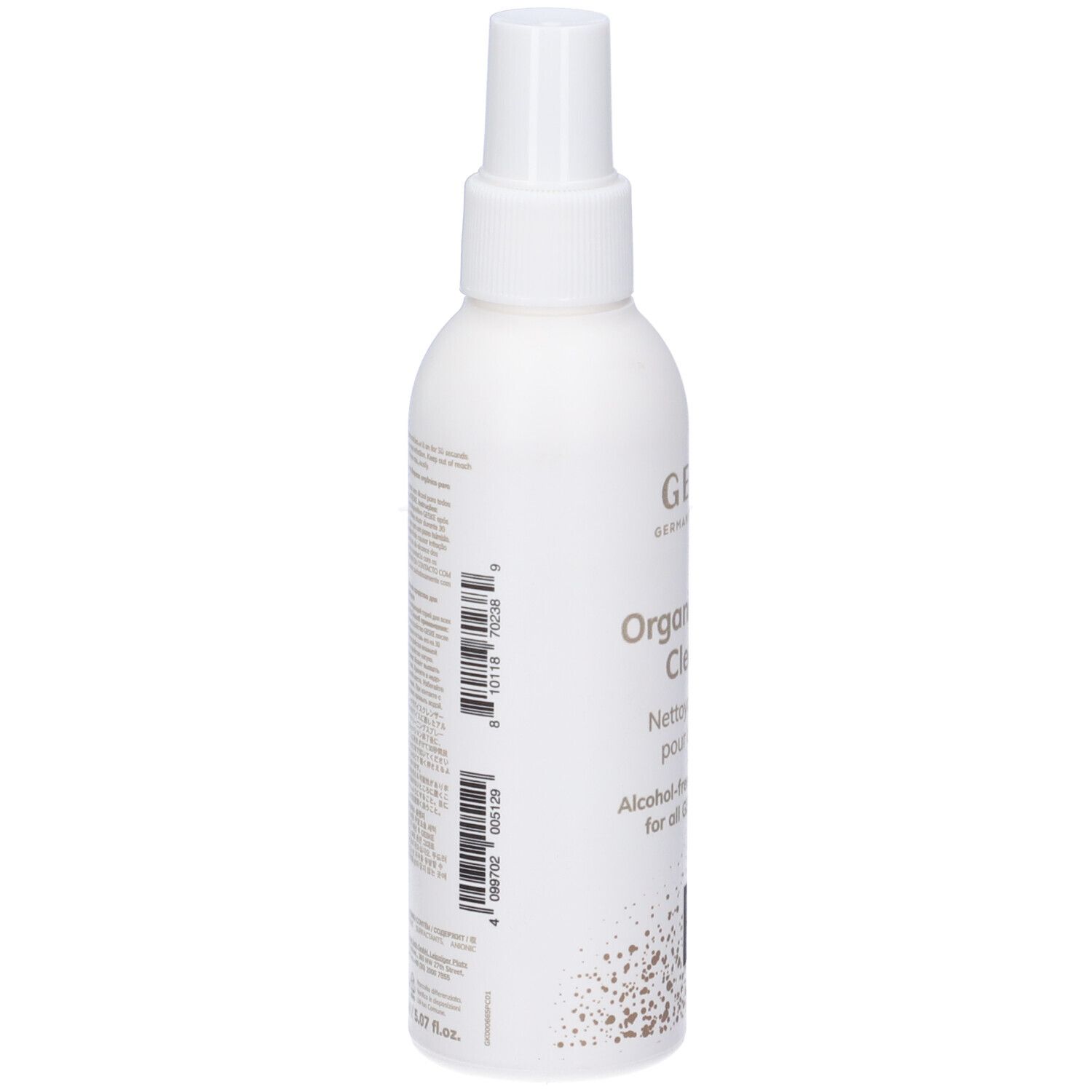 Flacone spray bianco, vista laterale. Scritta: Organic Device Cleanser. Con codice a barre e testo.