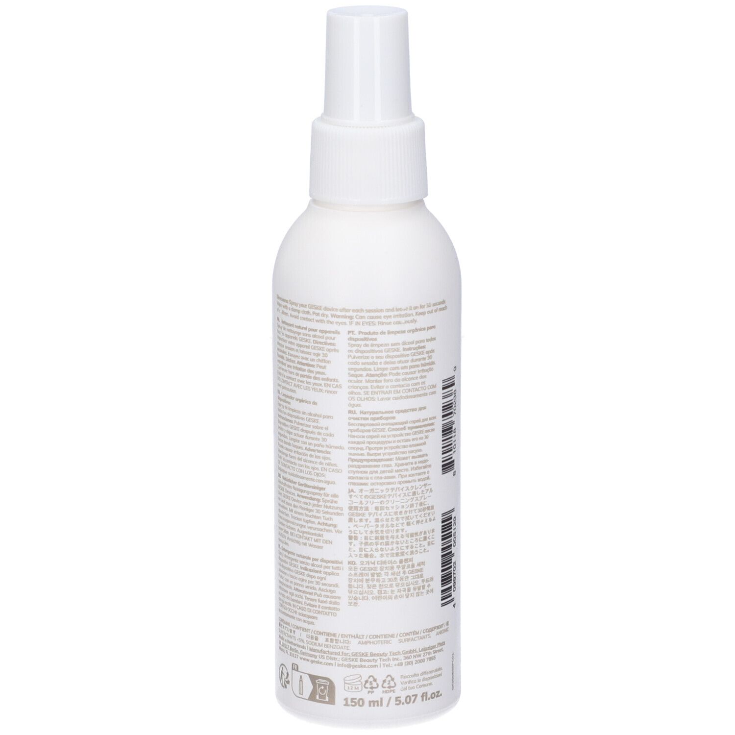 Flacone spray bianco, vista posteriore. Scritta: Organic Device Cleanser. Con testo e loghi.