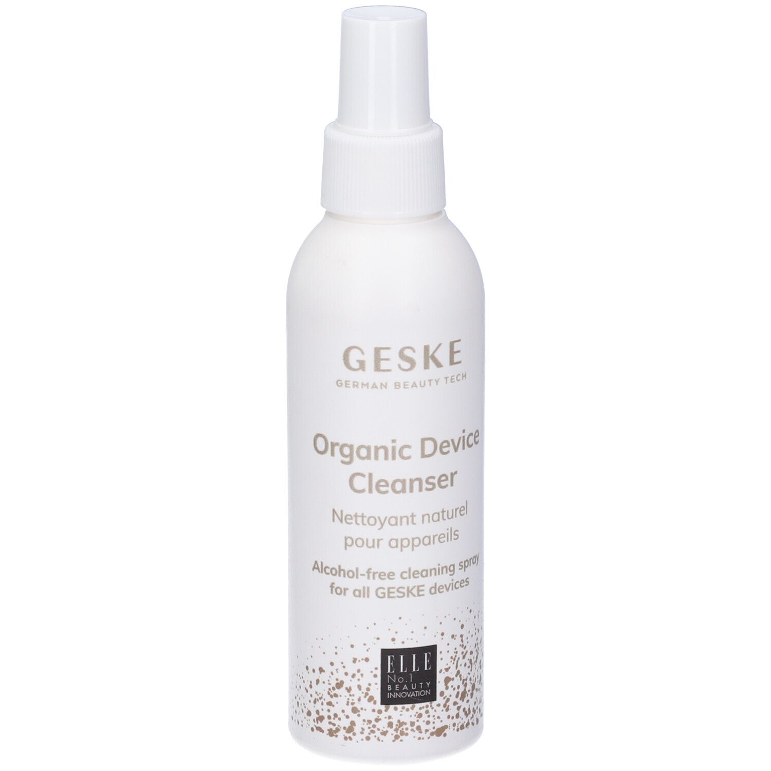 Flacone spray bianco con nome del prodotto e marchio GESKE. Scritta: Organic Device Cleanser. Con logo ELLE.