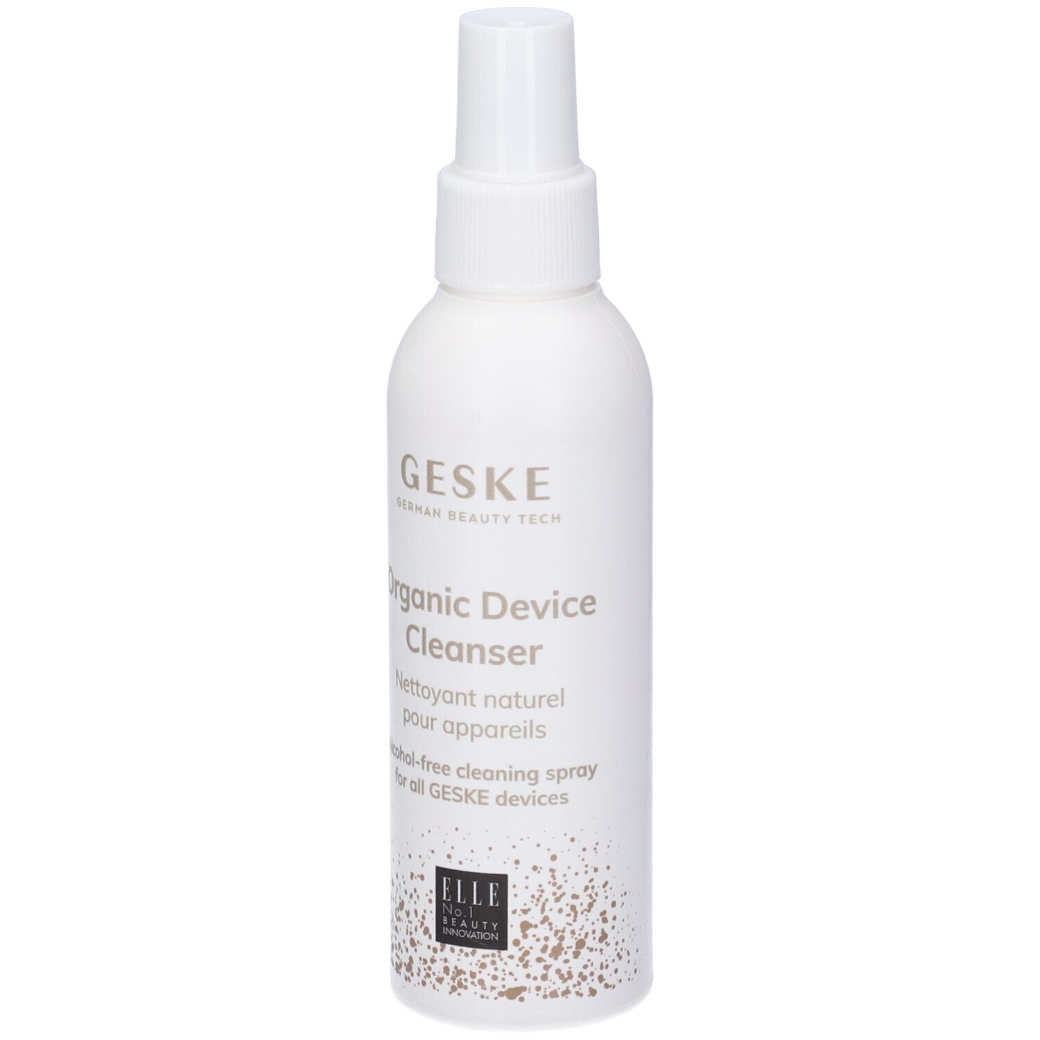 Flacone spray bianco con nome del prodotto e marchio GESKE. Scritta: Organic Device Cleanser. Con logo ELLE.