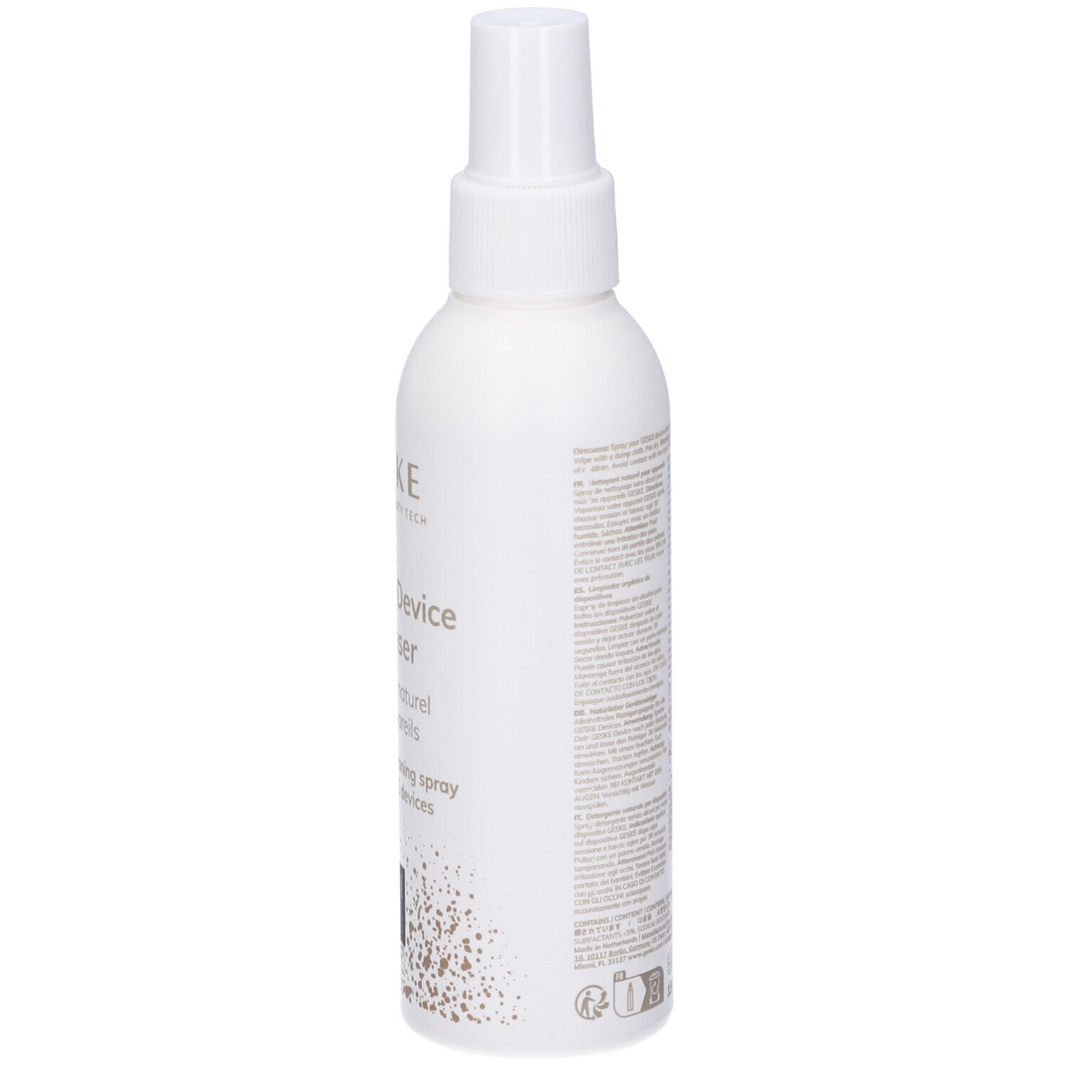 Flacone spray bianco, vista laterale. Scritta: Organic Device Cleanser. Con testo e loghi.