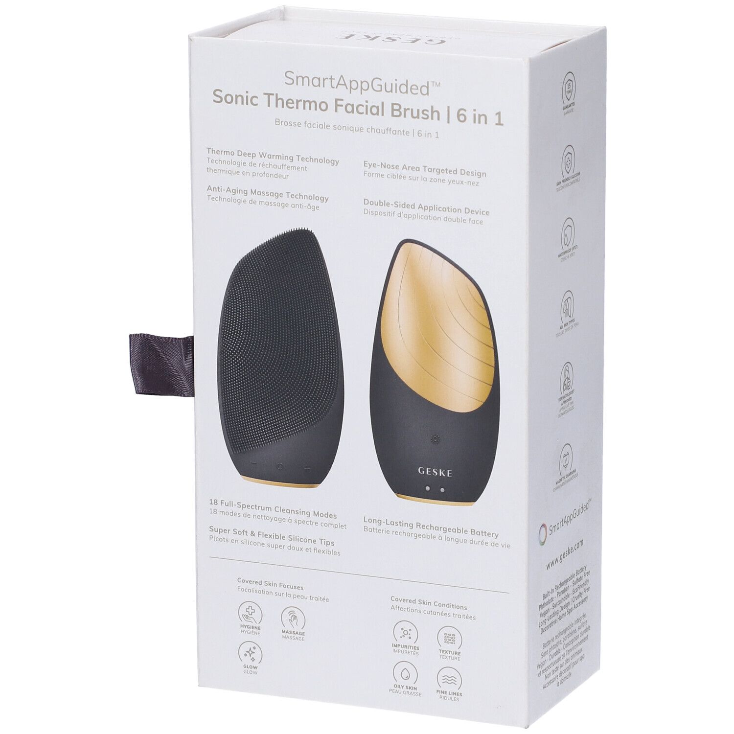 Confezione con immagine del prodotto. Spazzola per la pulizia del viso ovale nera con elemento dorato. Testo: GESKE, SmartAppGuided, 6 in 1.
