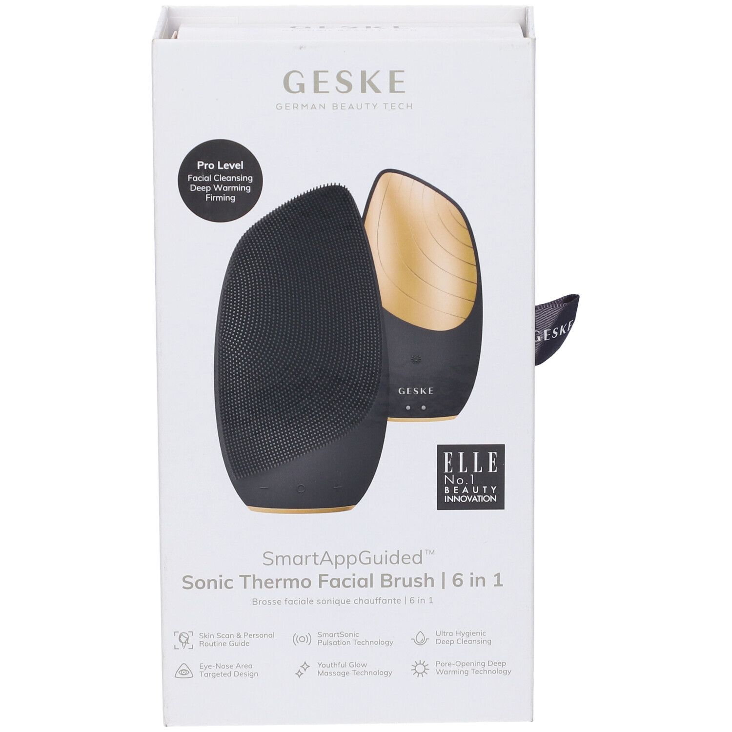 Confezione con immagine del prodotto. Spazzola per la pulizia del viso ovale nera con elemento dorato. Testo: GESKE, SmartAppGuided, 6 in 1, ELLE.
