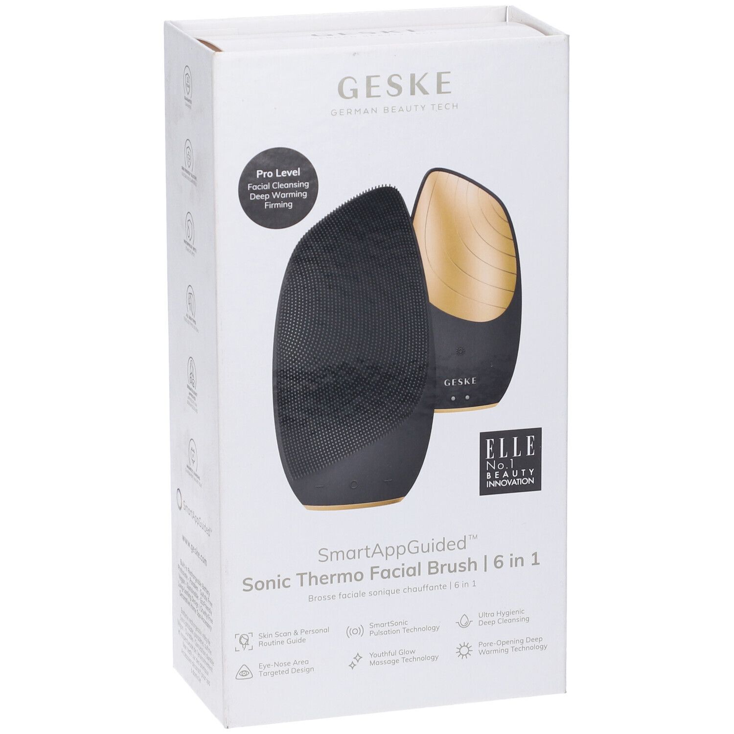 Confezione con immagine del prodotto. Spazzola per la pulizia del viso ovale nera con elemento dorato. Testo: GESKE, SmartAppGuided, 6 in 1, ELLE.