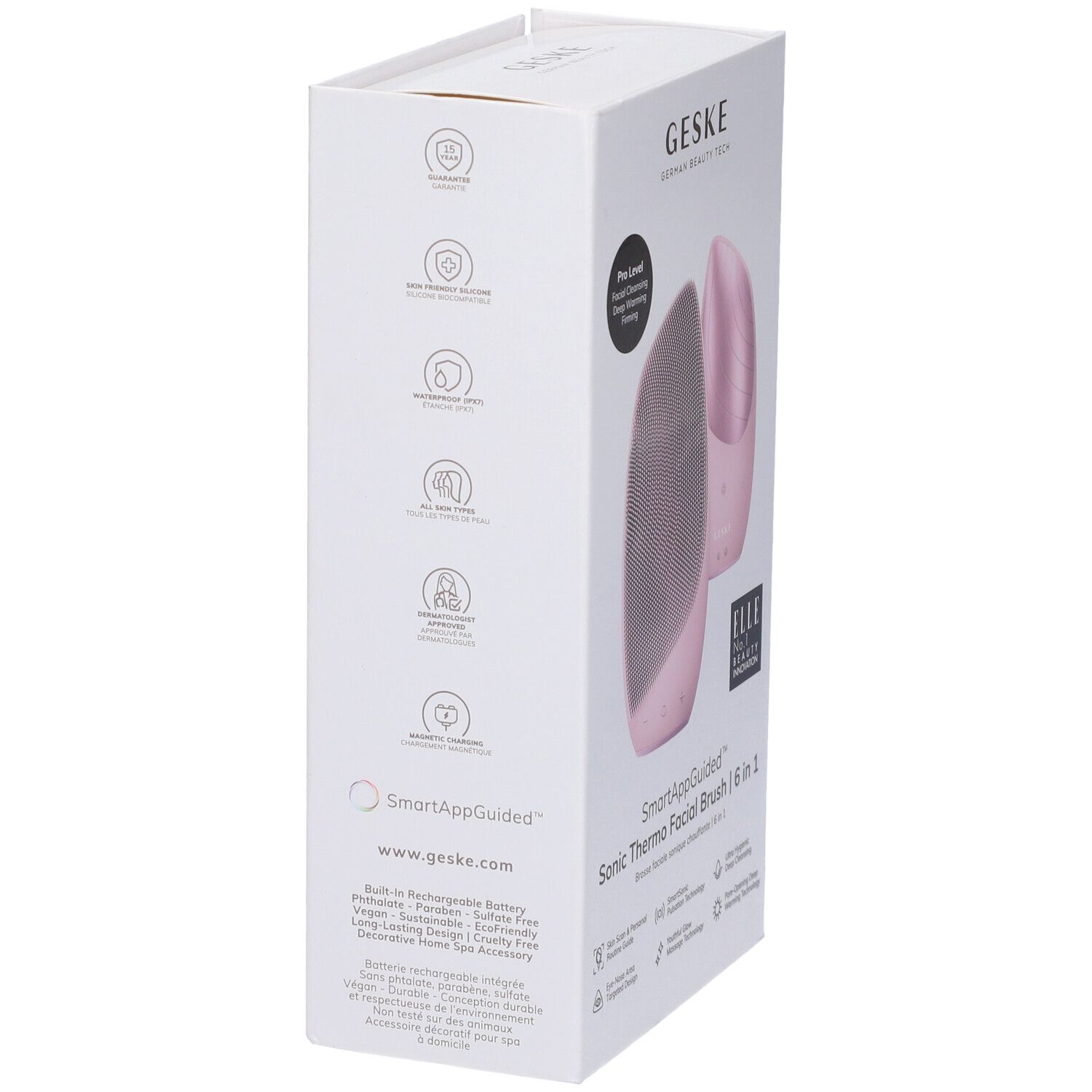 Confezione bianca con GESKE Sonic Thermo Facial Brush rosa. Loghi e icone sul lato.