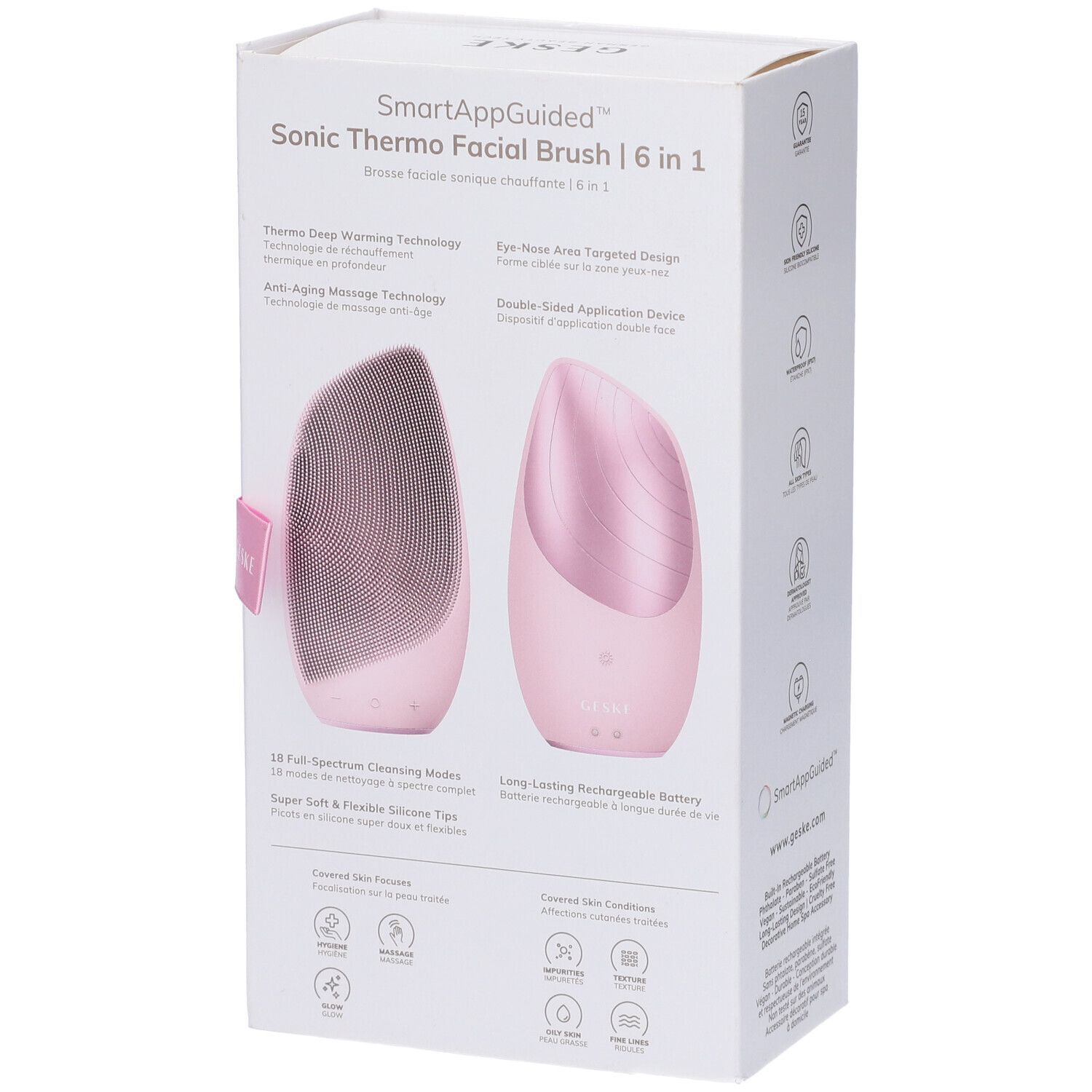 Retro della confezione con GESKE Sonic Thermo Facial Brush rosa. Testo: SmartAppGuided, 6 in 1.