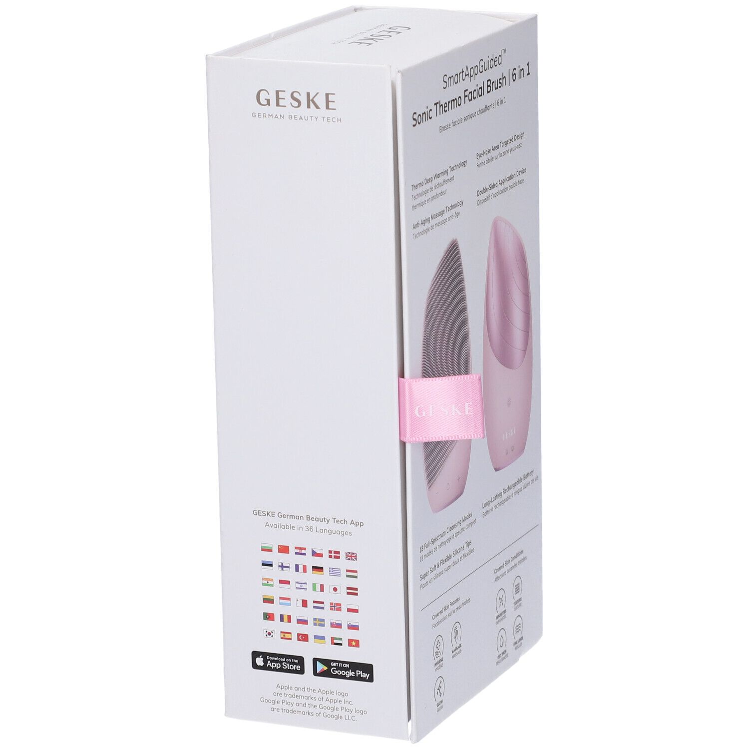 Confezione con GESKE Sonic Thermo Facial Brush rosa. Chiusura rosa.