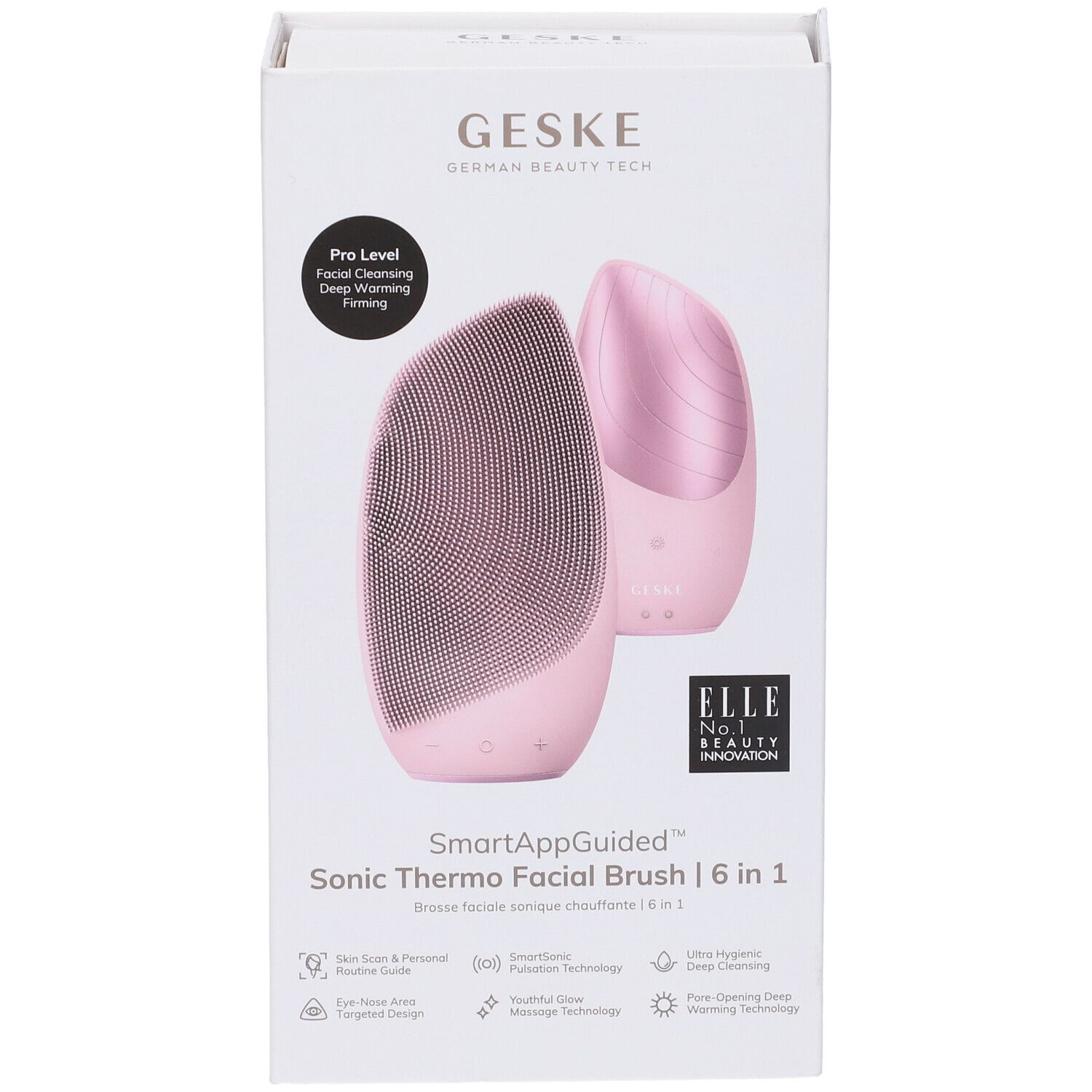 Confezione con GESKE Sonic Thermo Facial Brush rosa. Testo: Pro Level, SmartAppGuided, 6 in 1, ELLE.