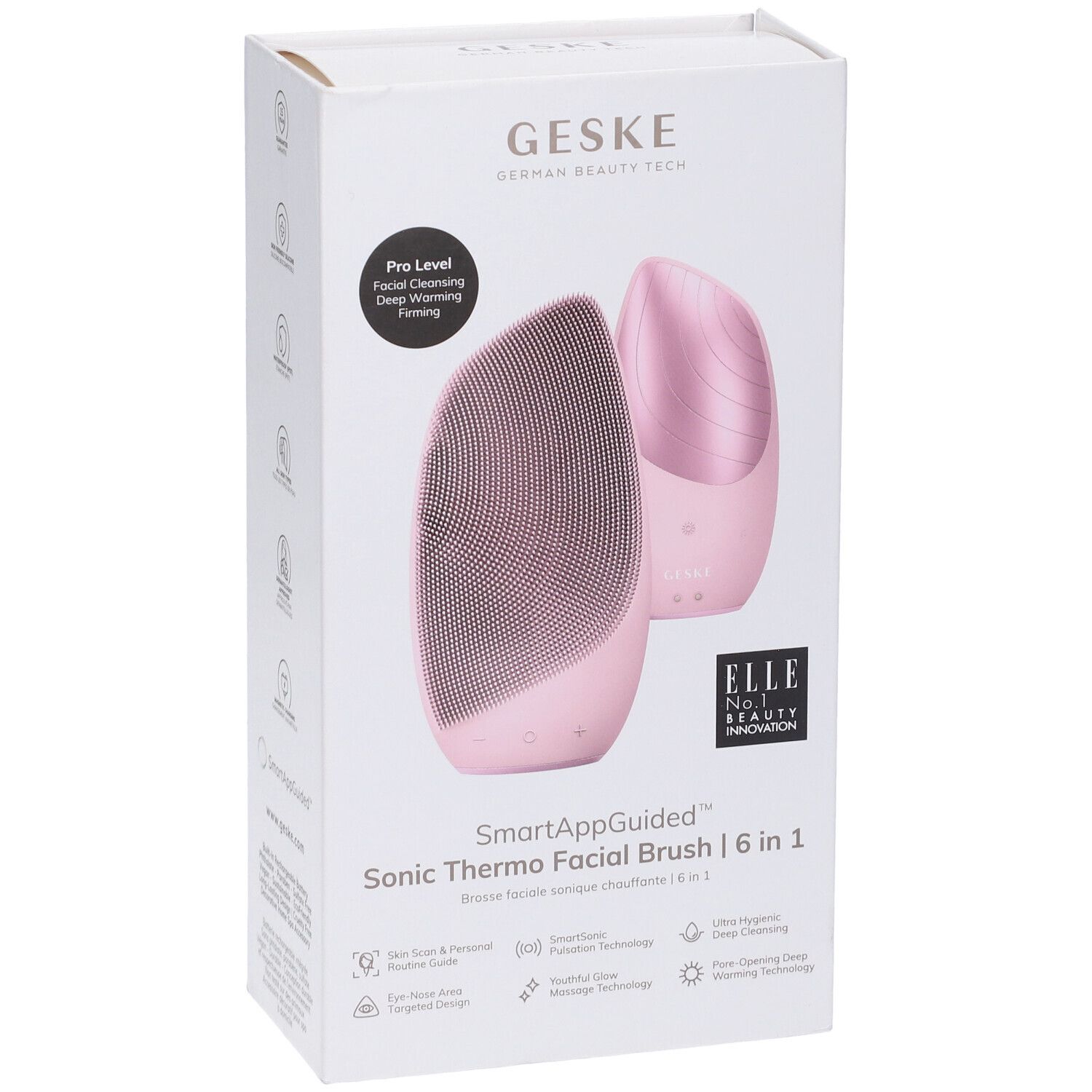 Confezione con GESKE Sonic Thermo Facial Brush rosa. Testo: Pro Level, SmartAppGuided, 6 in 1, ELLE.
