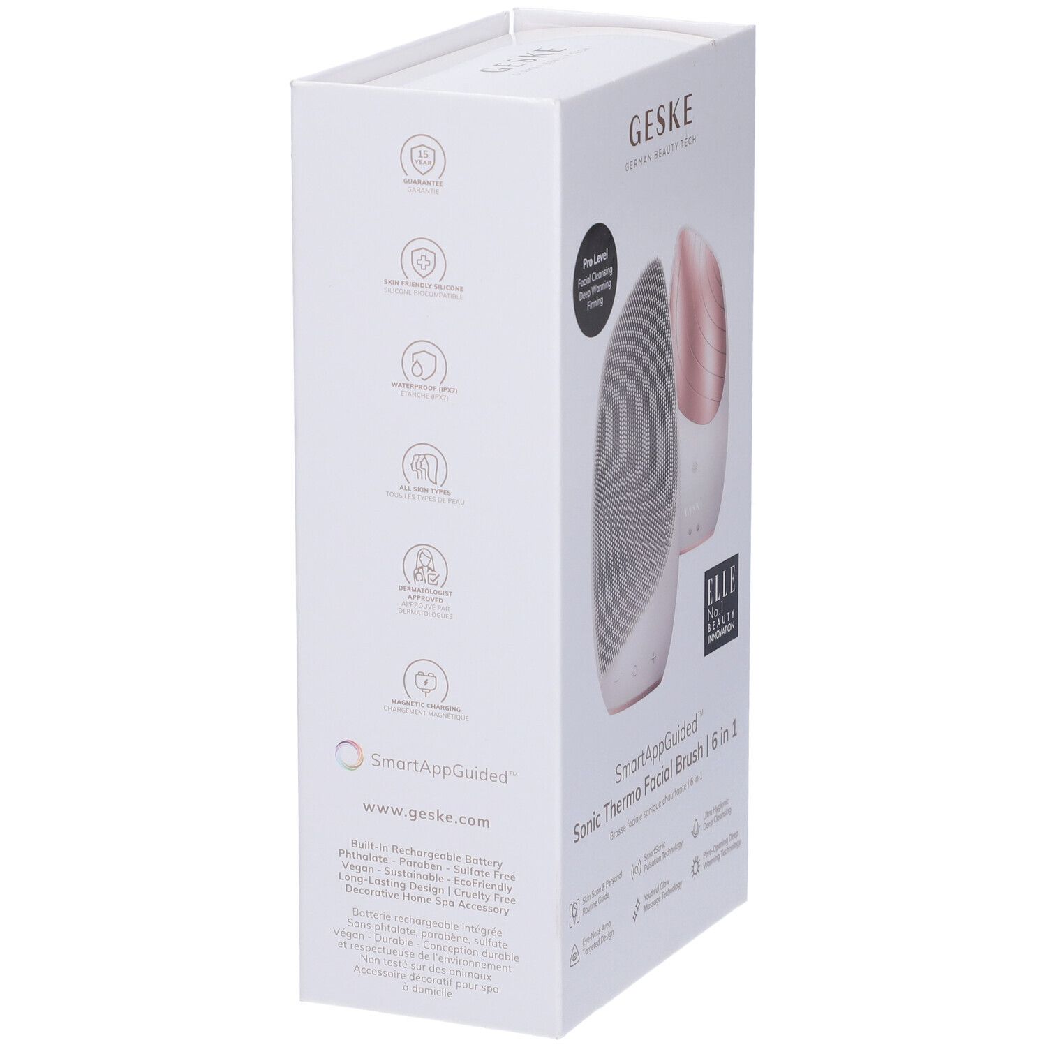 Confezione del prodotto, vista laterale. Scatola bianca con testo e loghi. Marchio: GESKE. Prodotto: Sonic Thermo Facial Brush | 6 in 1. SmartAppGuided.