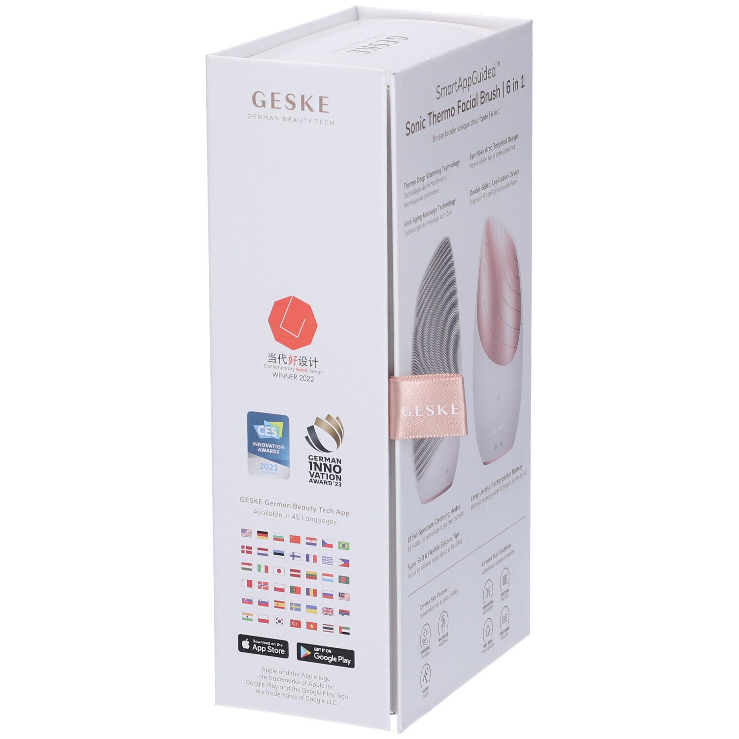 Confezione del prodotto, vista laterale. Scatola bianca con testo e loghi. Marchio: GESKE. Prodotto: Sonic Thermo Facial Brush | 6 in 1. Riconoscimenti.