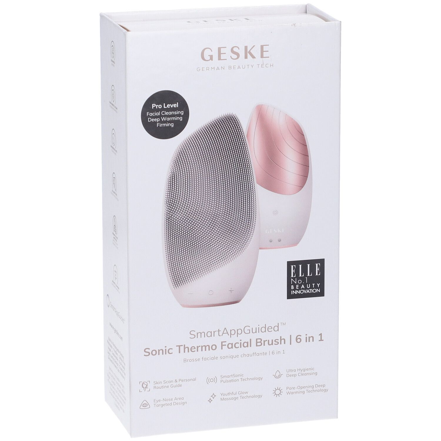 Confezione del prodotto. Scatola bianca con immagine e testo. Marchio: GESKE. Prodotto: Sonic Thermo Facial Brush | 6 in 1. Riconoscimento: ELLE.