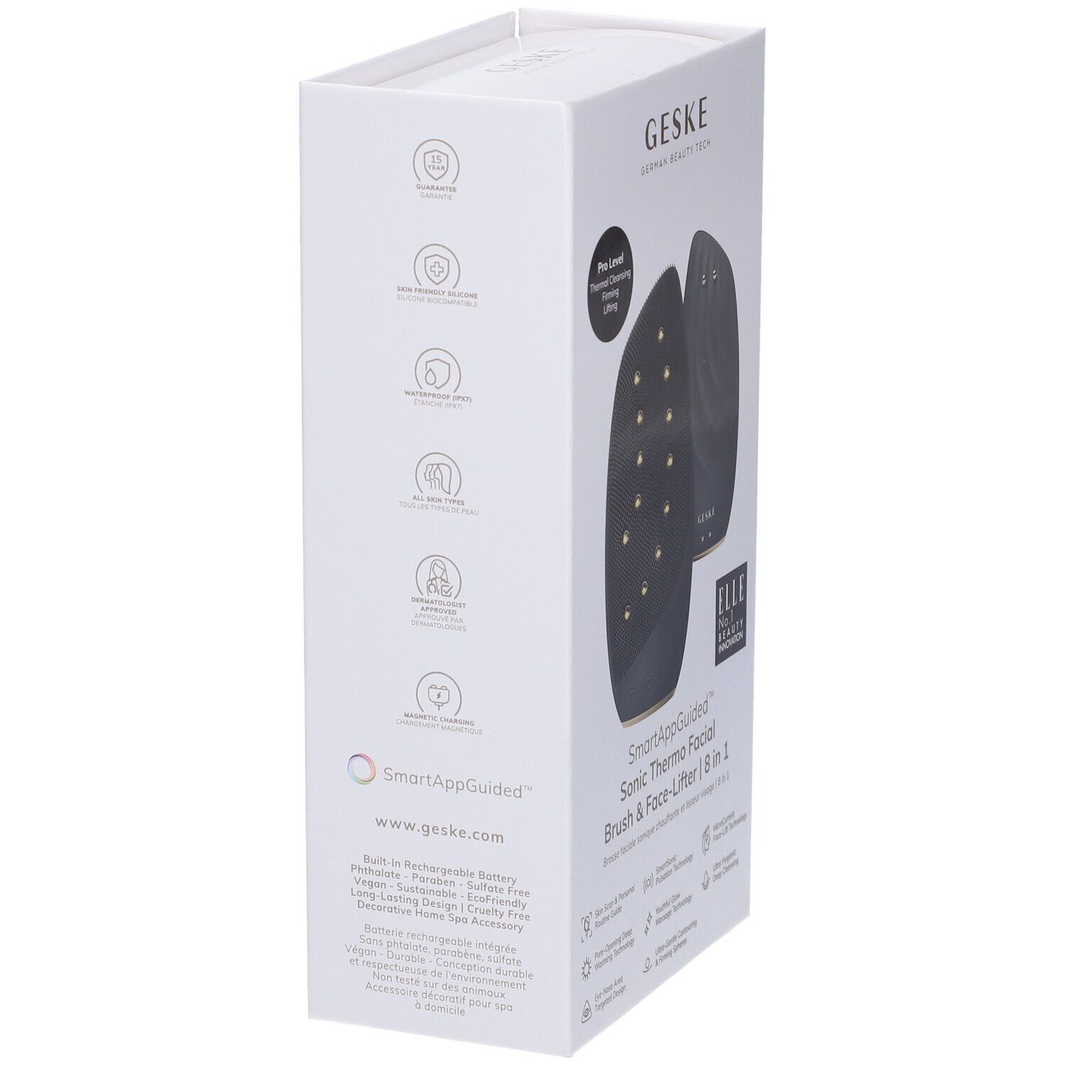 Confezione di GESKE Sonic Thermo Facial Brush & Face-Lifter. Confezione bianca con immagine del prodotto. Testo: SmartAppGuided, www.geske.com.