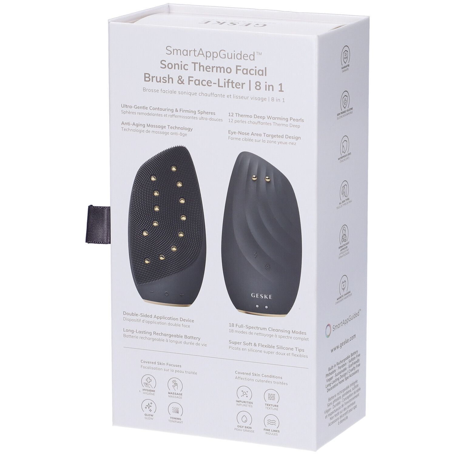 Confezione di GESKE Sonic Thermo Facial Brush & Face-Lifter. Immagine del prodotto su sfondo bianco. Testo: SmartAppGuided, 8 in 1.
