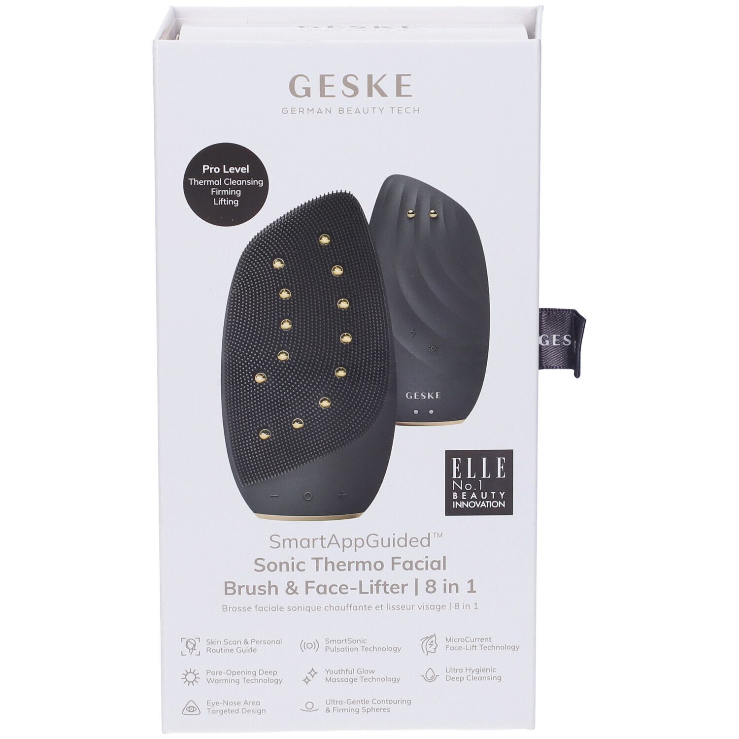 Confezione di GESKE Sonic Thermo Facial Brush & Face-Lifter. Dispositivo nero con borchie dorate. Testo: SmartAppGuided, ELLE, Pro Level.