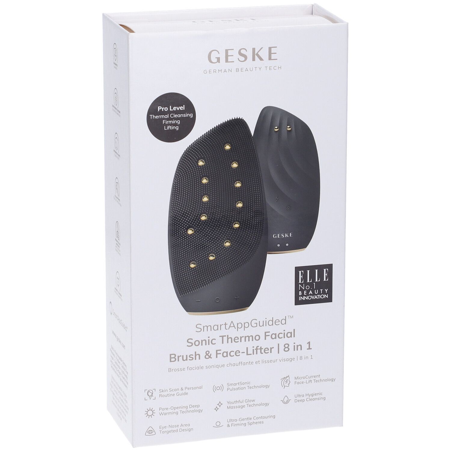 Confezione di GESKE Sonic Thermo Facial Brush & Face-Lifter. Dispositivo nero con borchie dorate. Testo: SmartAppGuided, ELLE, Pro Level.