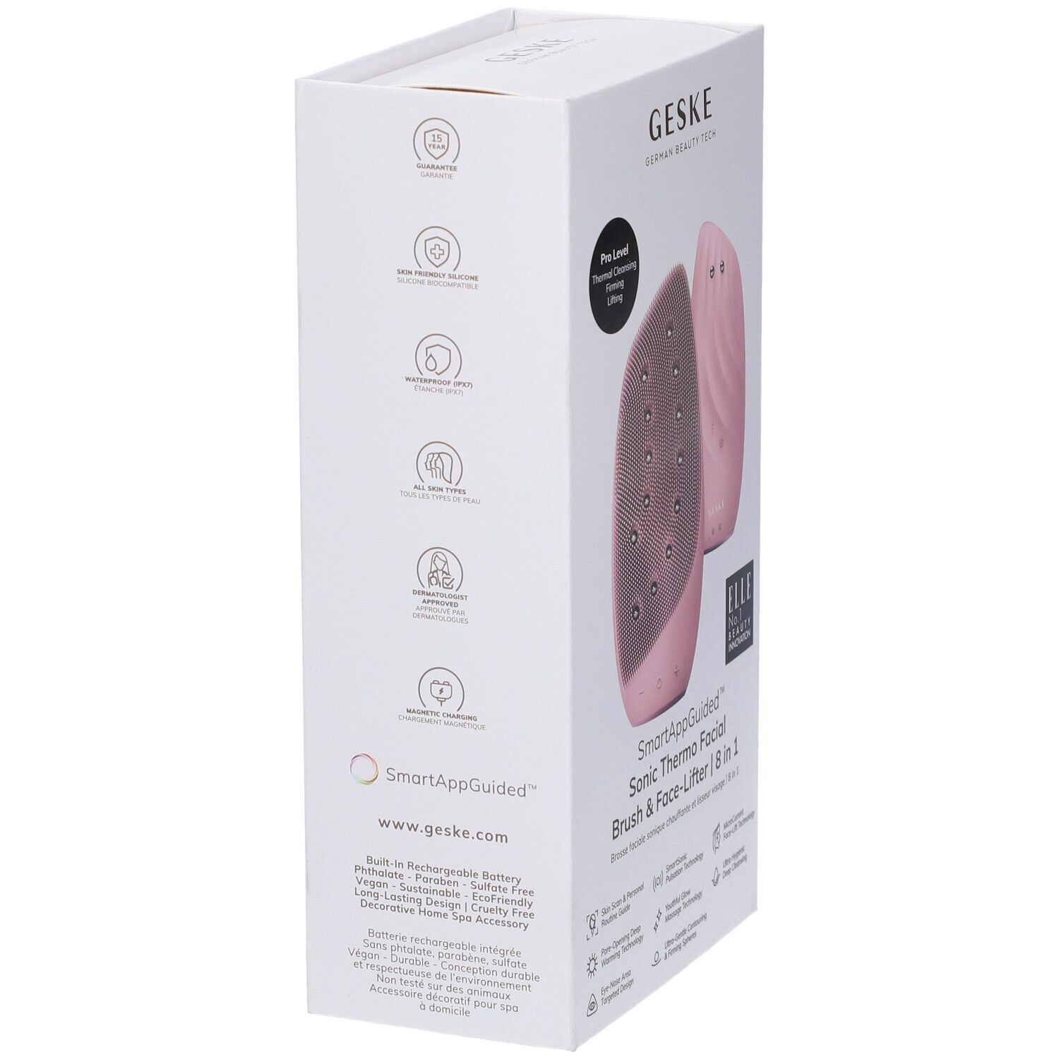 Confezione bianca con prodotto Geske rosa. Testo: SmartAppGuided, www.geske.com, loghi.