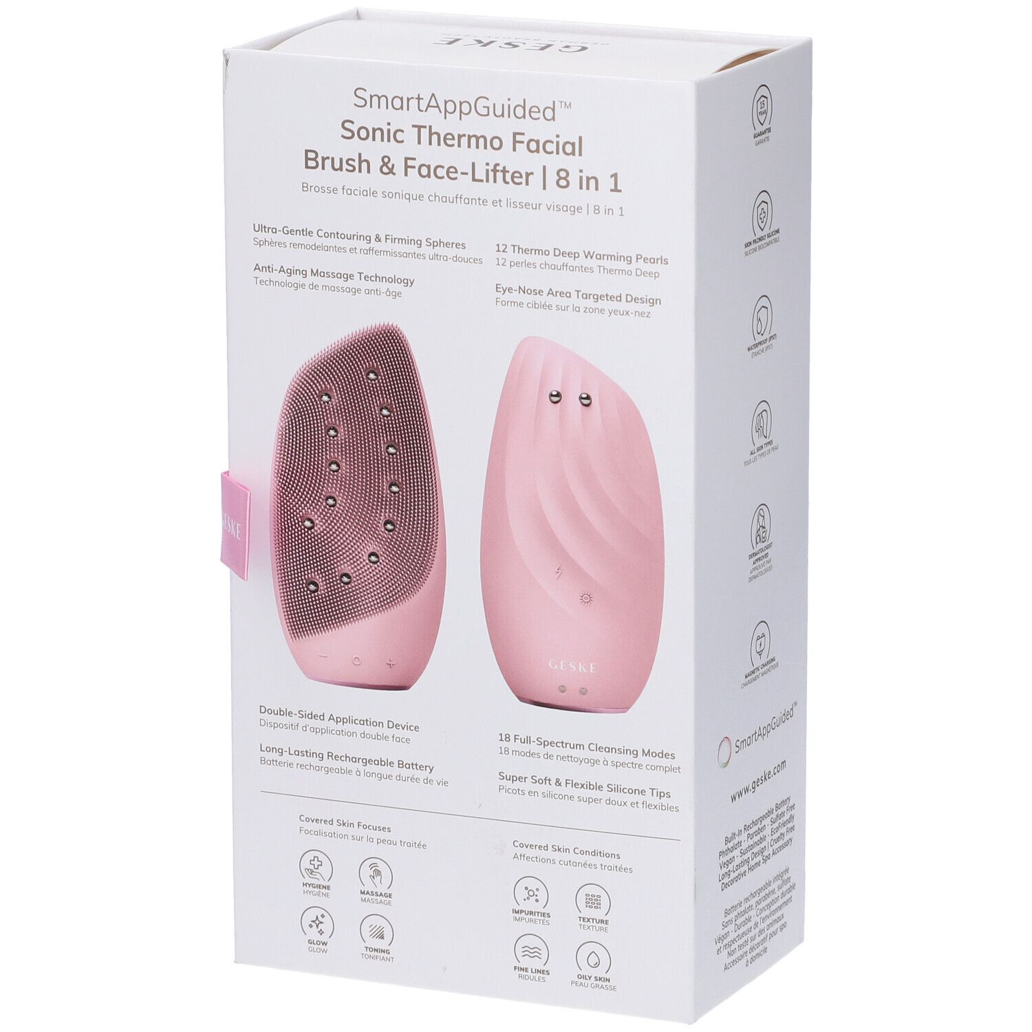 Confezione con spazzola e face-lifter Geske rosa. Testo: SmartAppGuided, 8 in 1.