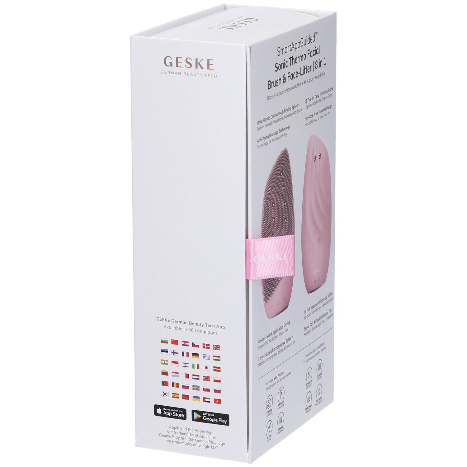 Confezione bianca con prodotto Geske rosa. Testo: SmartAppGuided, Geske, logo App Store, bandiere.