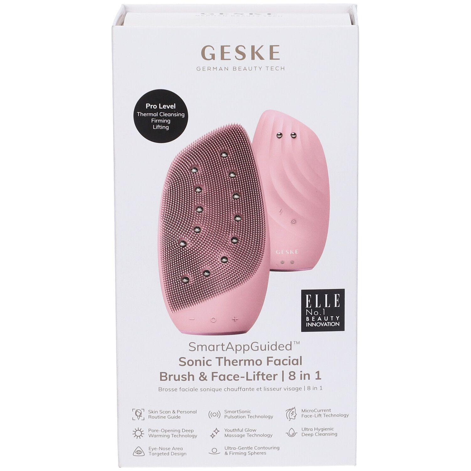 Confezione rosa con spazzola e face-lifter Geske. Testo: SmartAppGuided, 8 in 1, logo ELLE.