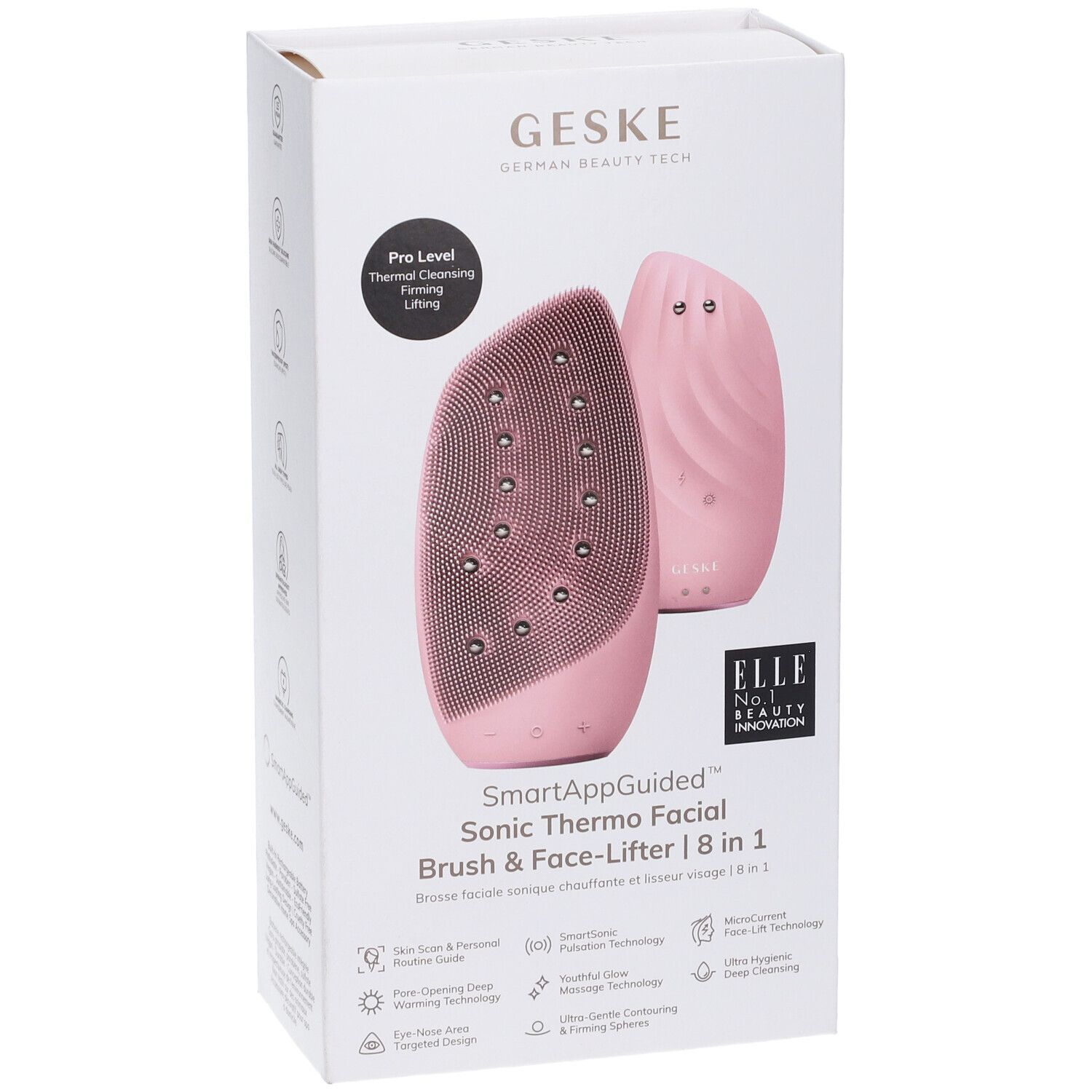 Confezione rosa con spazzola e face-lifter Geske. Testo: SmartAppGuided, 8 in 1, logo ELLE.