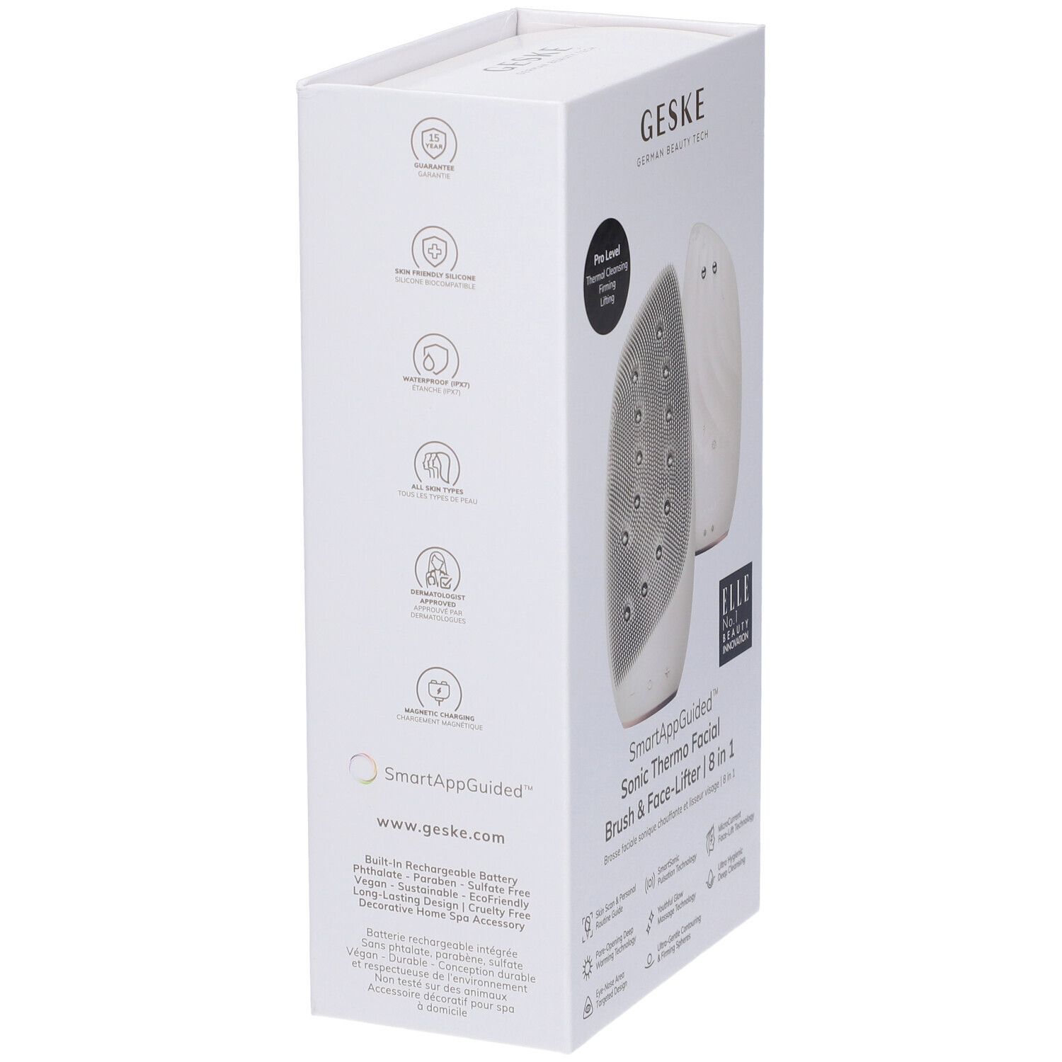 Confezione bianca, vista laterale. Testo: SmartAppGuided, www.geske.com. Icone. Testo: Built-in Rechargeable Battery.