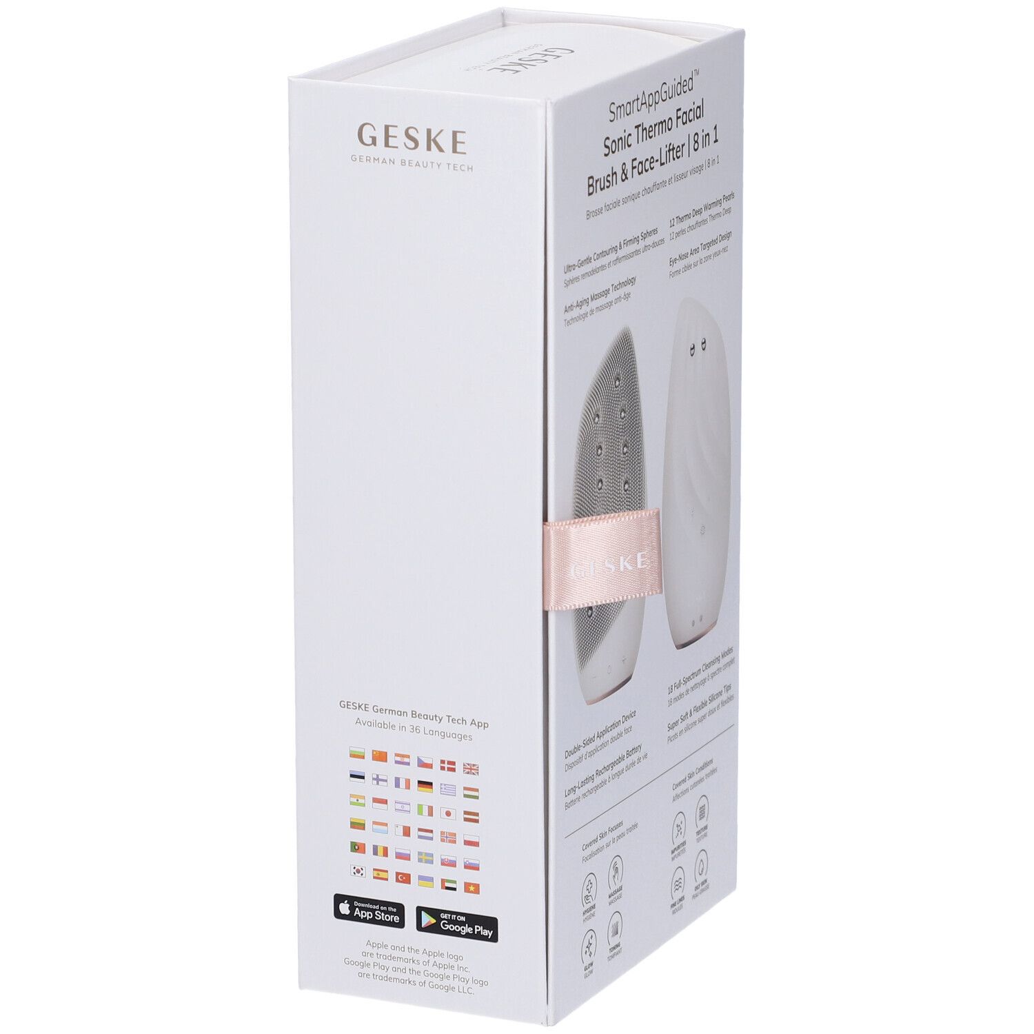 Confezione bianca, vista laterale. Testo: GESKE, SmartAppGuided Sonic Thermo Facial Brush & Face-Lifter 8 in 1. Loghi delle app.