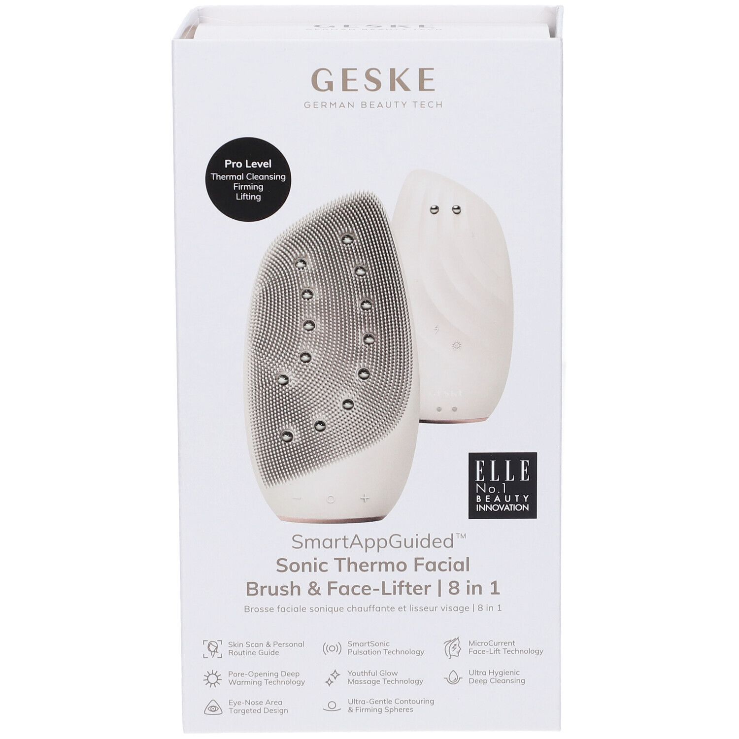 Confezione bianca con immagine di un dispositivo per la pulizia del viso. Testo: GESKE, SmartAppGuided Sonic Thermo Facial Brush & Face-Lifter 8 in 1. Logo ELLE.