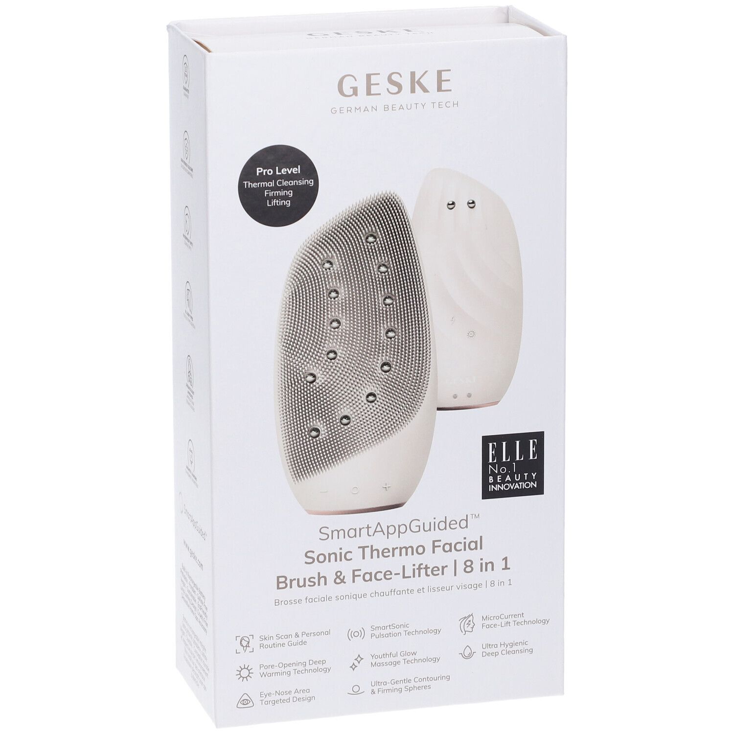 Confezione bianca con immagine di un dispositivo per la pulizia del viso. Testo: GESKE, SmartAppGuided Sonic Thermo Facial Brush & Face-Lifter 8 in 1. Logo ELLE.