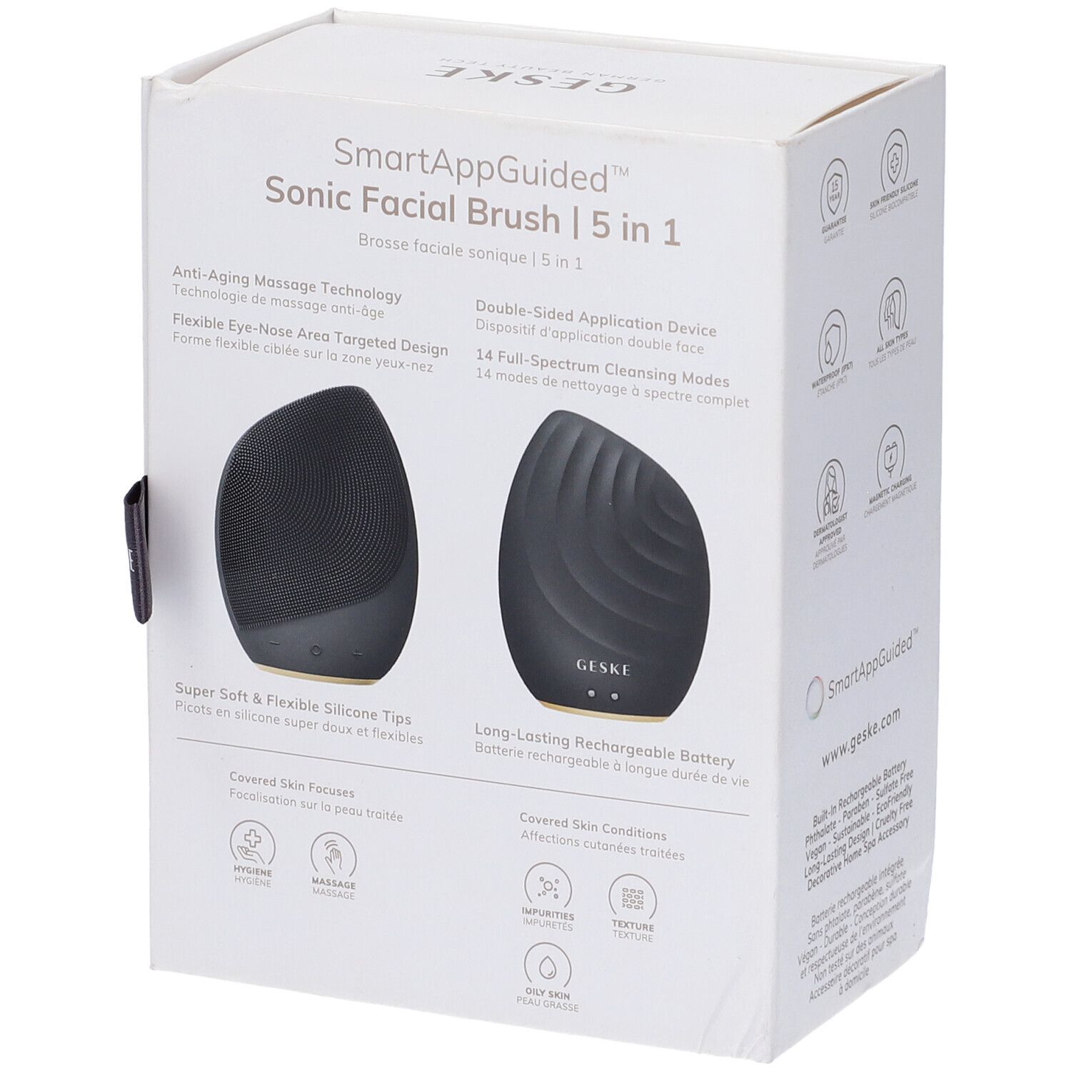 Confezione con due spazzole facciali soniche Geske nere. Testo: SmartAppGuided, 5 in 1, Anti-Aging Massage Technology.