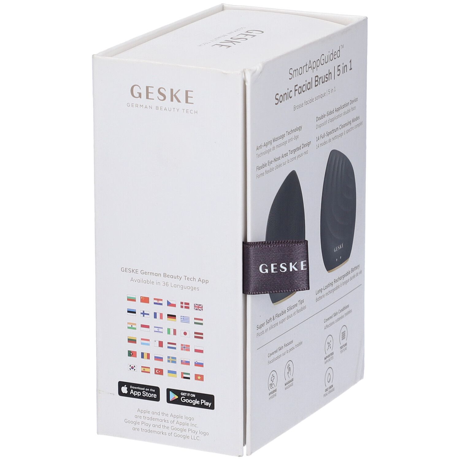 Confezione con spazzola facciale sonica Geske nera. Testo: SmartAppGuided, Geske, German Beauty Tech, App disponibile in lingue.