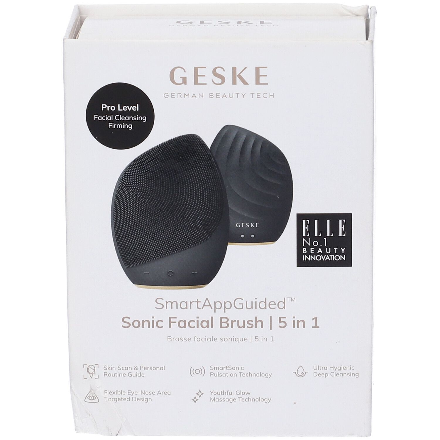 Confezione con due spazzole facciali soniche Geske nere. Testo: SmartAppGuided, 5 in 1, ELLE No. 1 Beauty Innovation.
