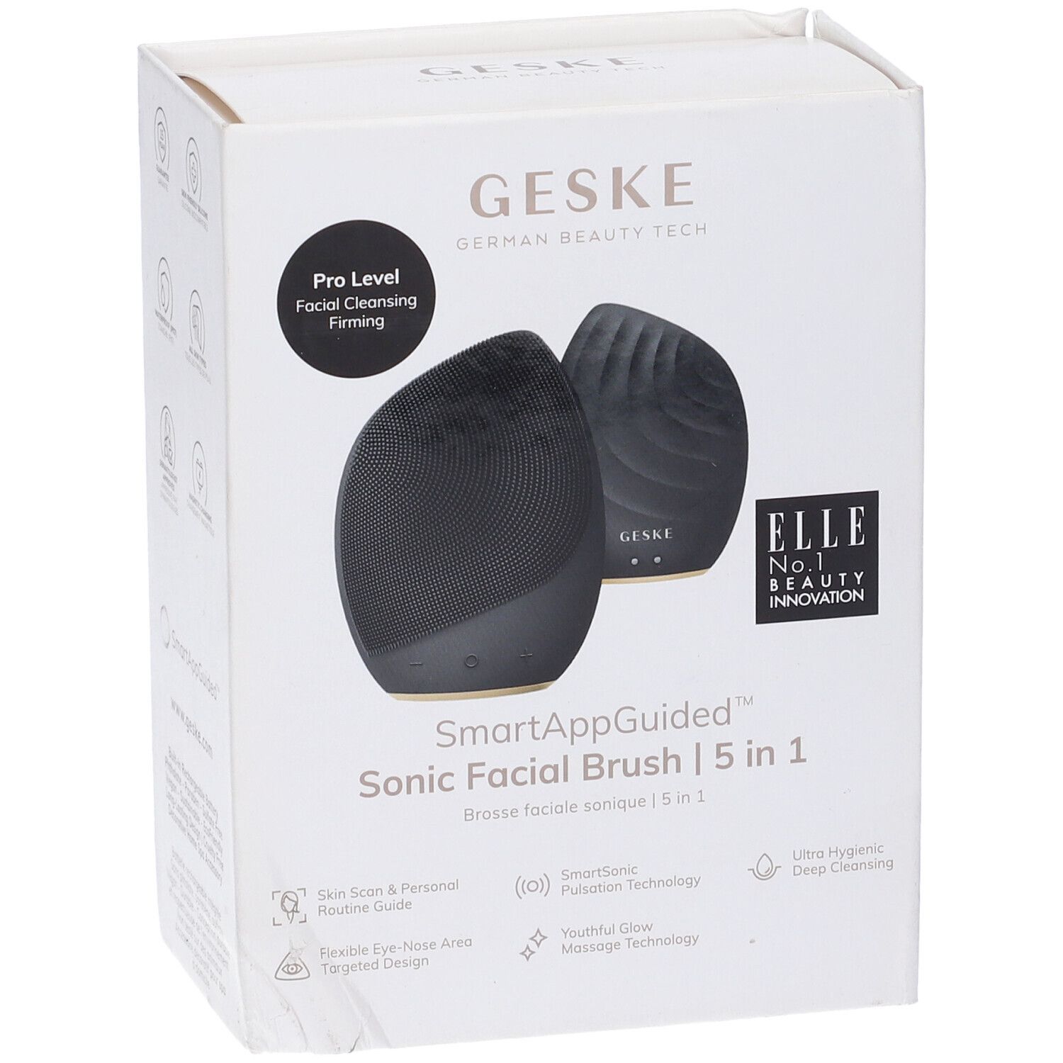 Confezione con due spazzole facciali soniche Geske nere. Testo: SmartAppGuided, 5 in 1, ELLE No. 1 Beauty Innovation.