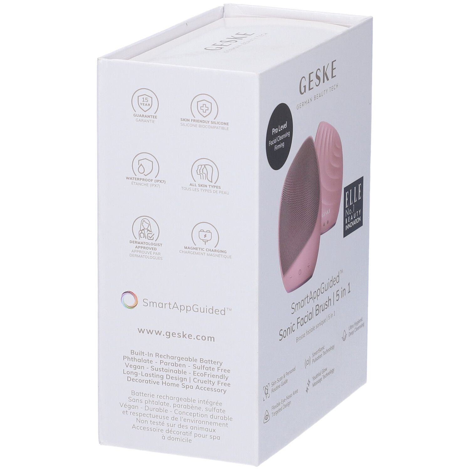 Confezione della spazzola facciale GESKE rosa. Scritte: GESKE, SmartAppGuided, ELLE Innovation, 5 in 1.